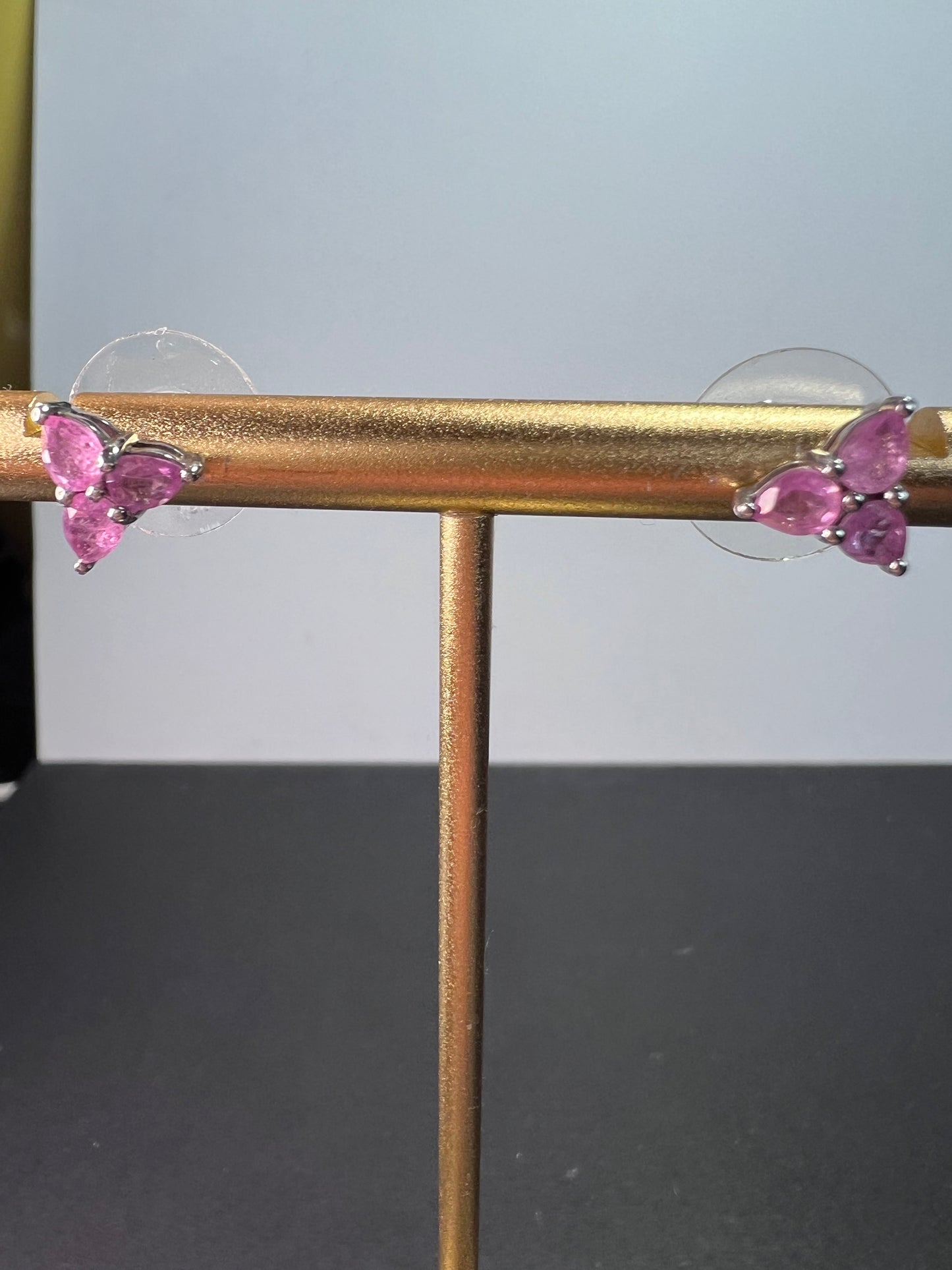 Pink sapphire triple stone sterling silver stud earrings