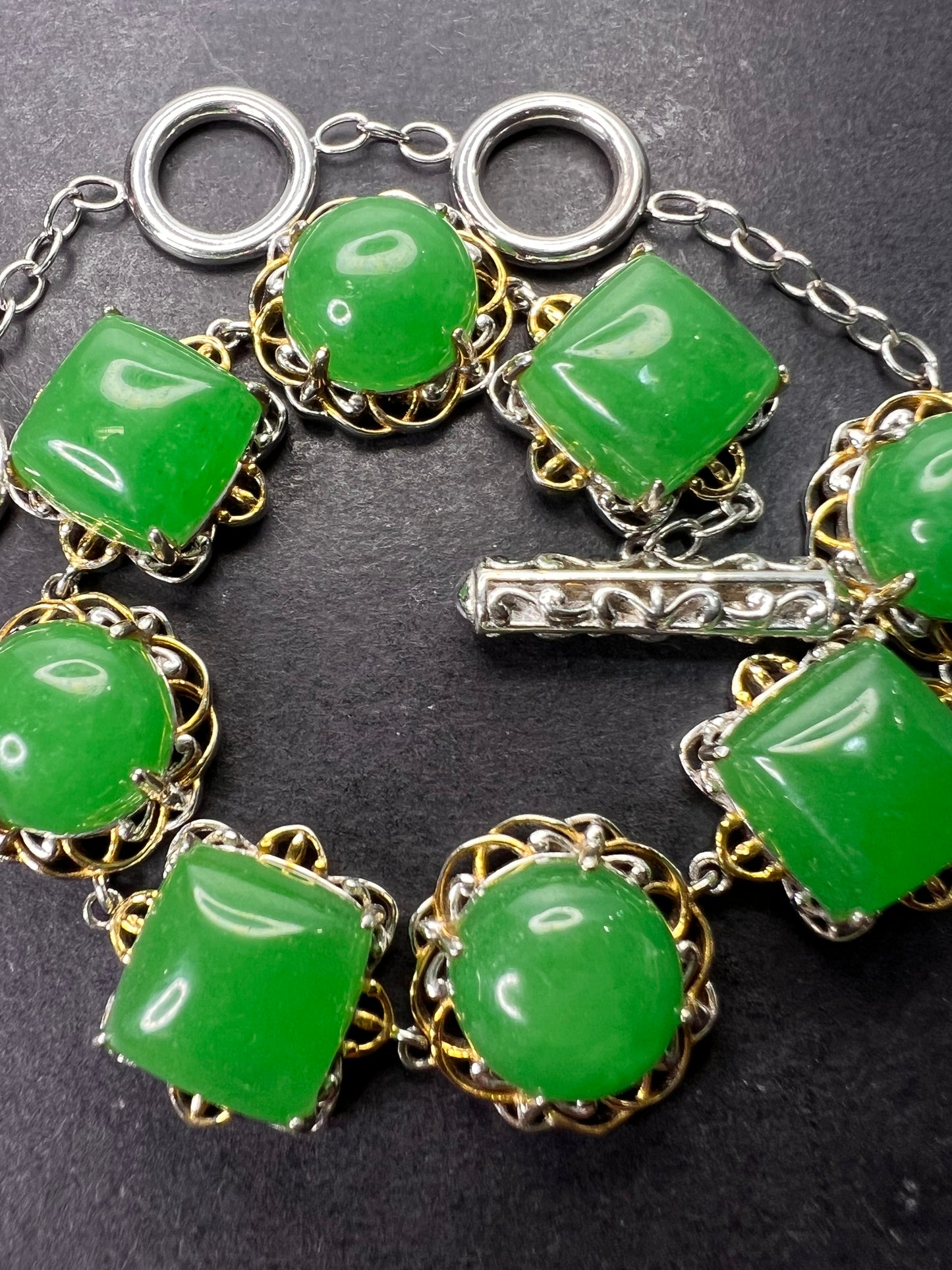 Green Jade two toned sterling silver toggle bracelet