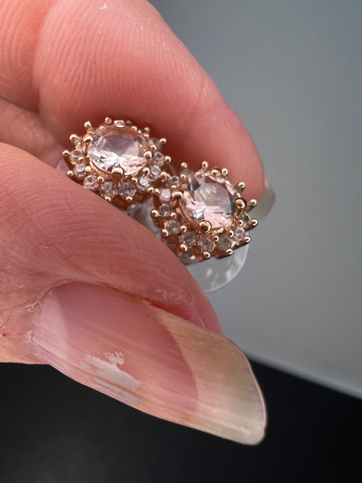 morganite and white topaz halo stud earrings in 18k rose gold over sterling