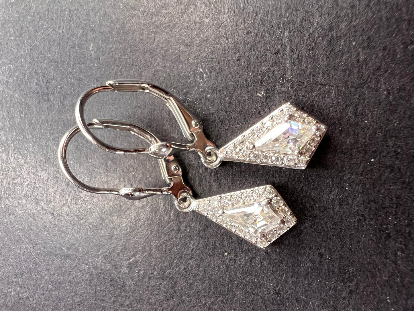 Moissanite lever back kite earrings in platinum over sterling silver *NEW*