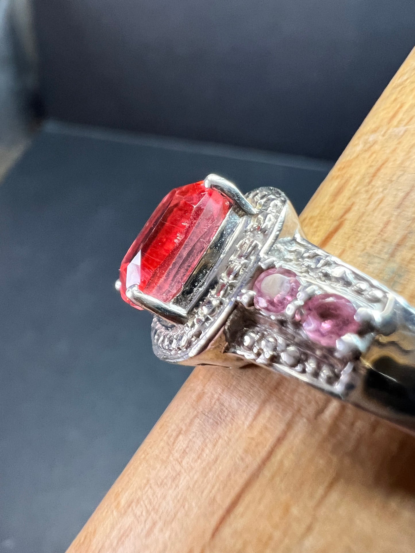 Sterling Silver Peach Red Quartz Doublet & Pink Tourmaline Ring 8.75