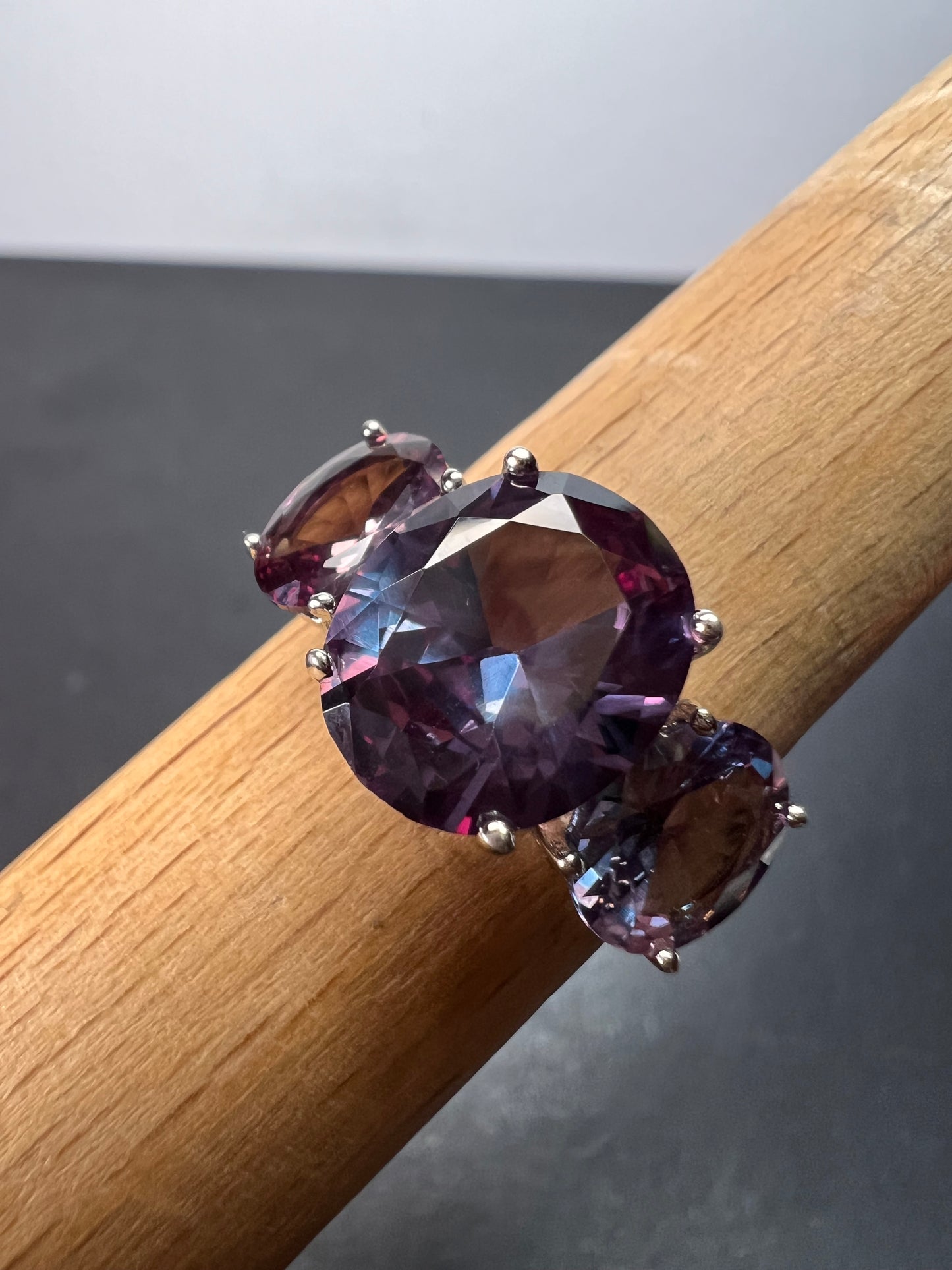 Lab created alexandrite trilogy ring in rhodium over sterling silver size 9