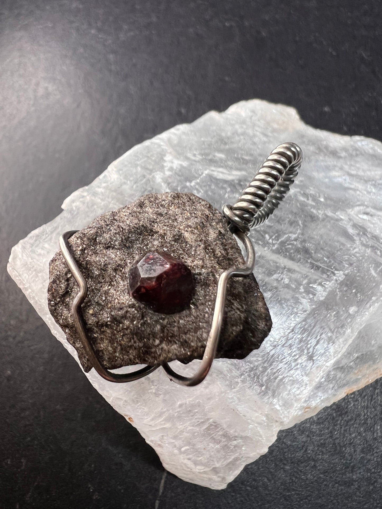 Vintage Sterling Silver Wrapped Rough Garnet in Schist Matrix Pendant