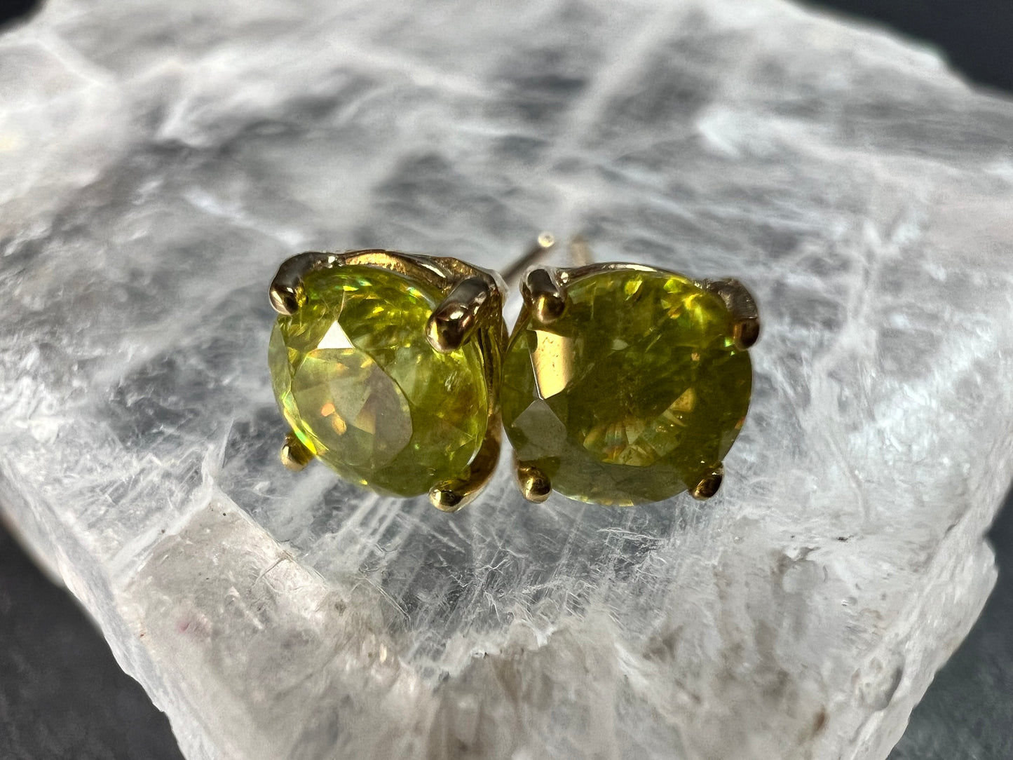 Rare Sphene Titanite Stud Earrings in 14k Yellow Gold