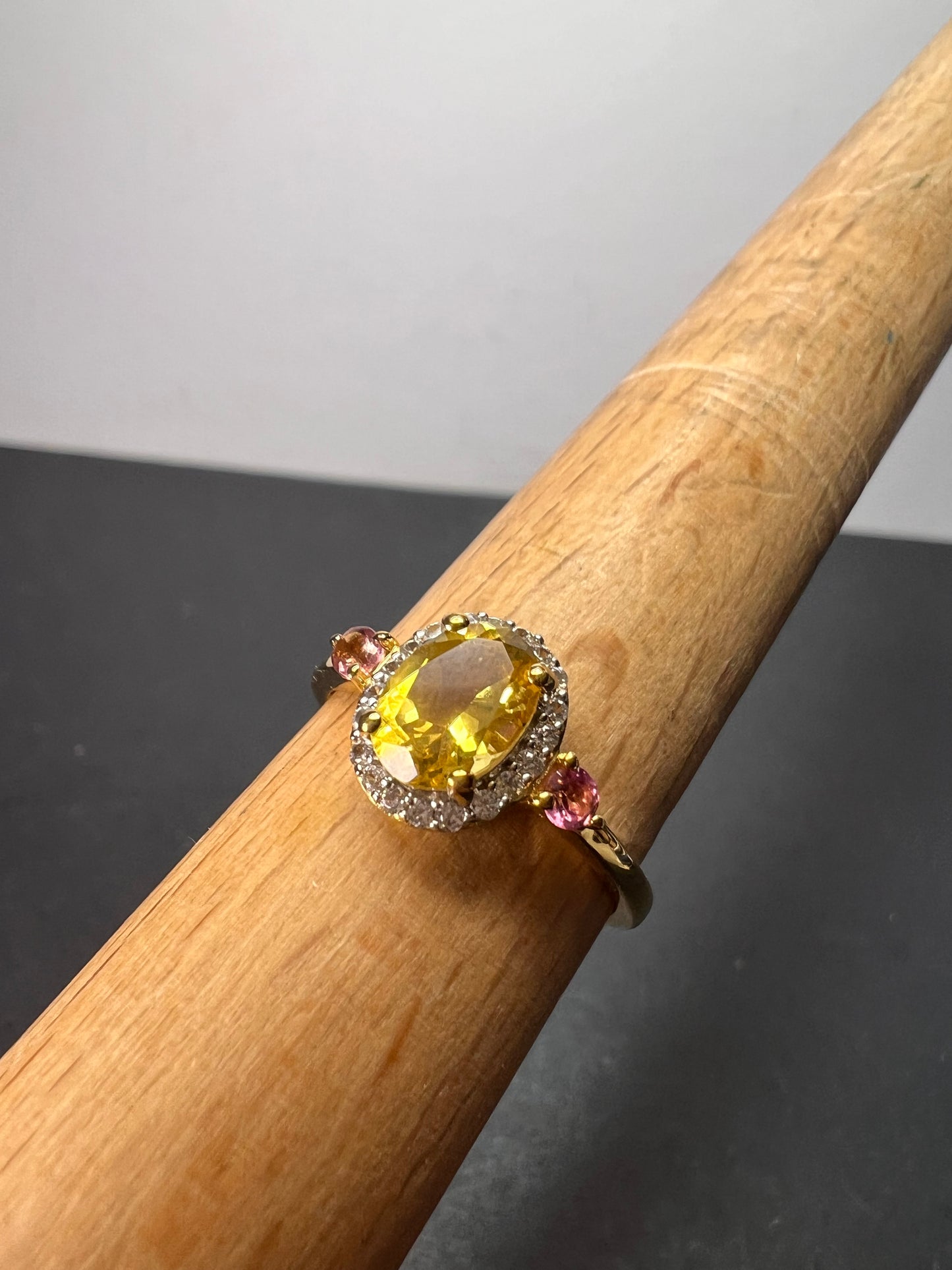 Heliodor and rubellite halo ring in vermeil yellow gold over sterling silver size 9 *NEW*