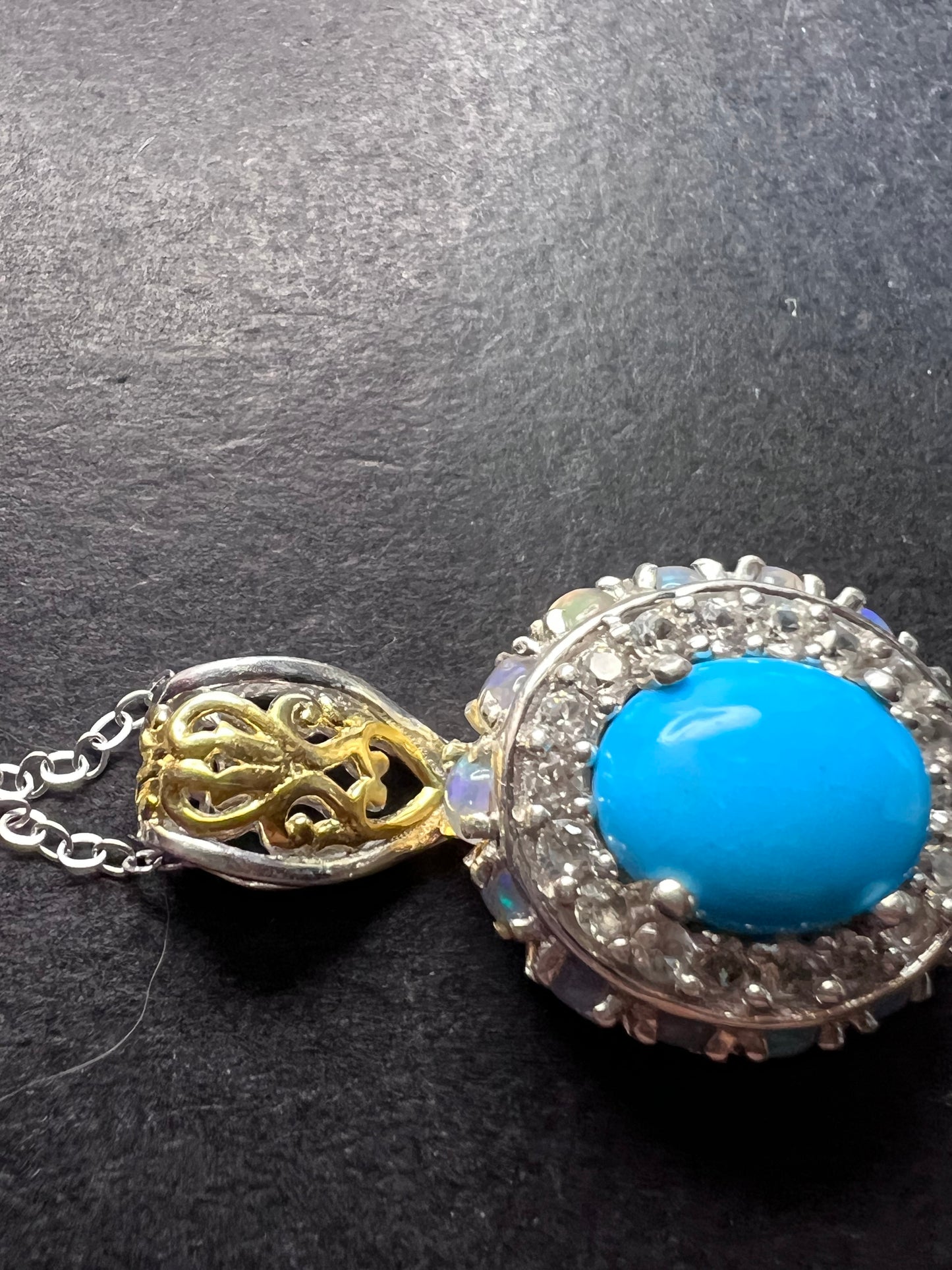 New Opal and sleeping beauty turquoise halo pendant and 20 inch chain necklace