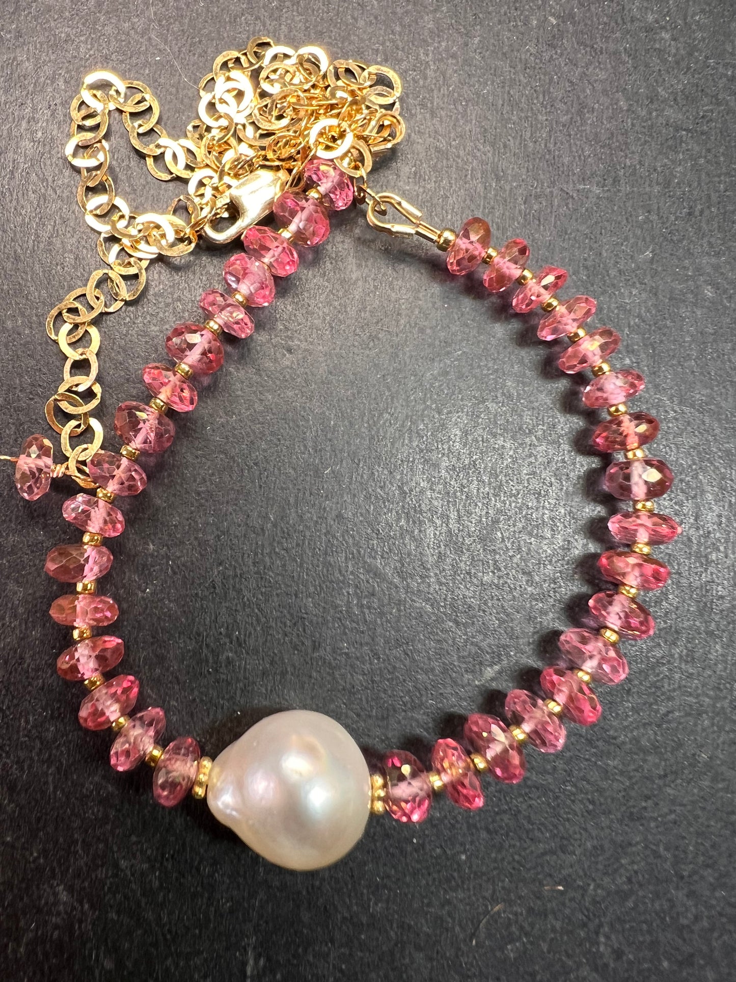 Gold Filled Necklace with Baroque Pearl and Pink Faceted Gemstone Beads