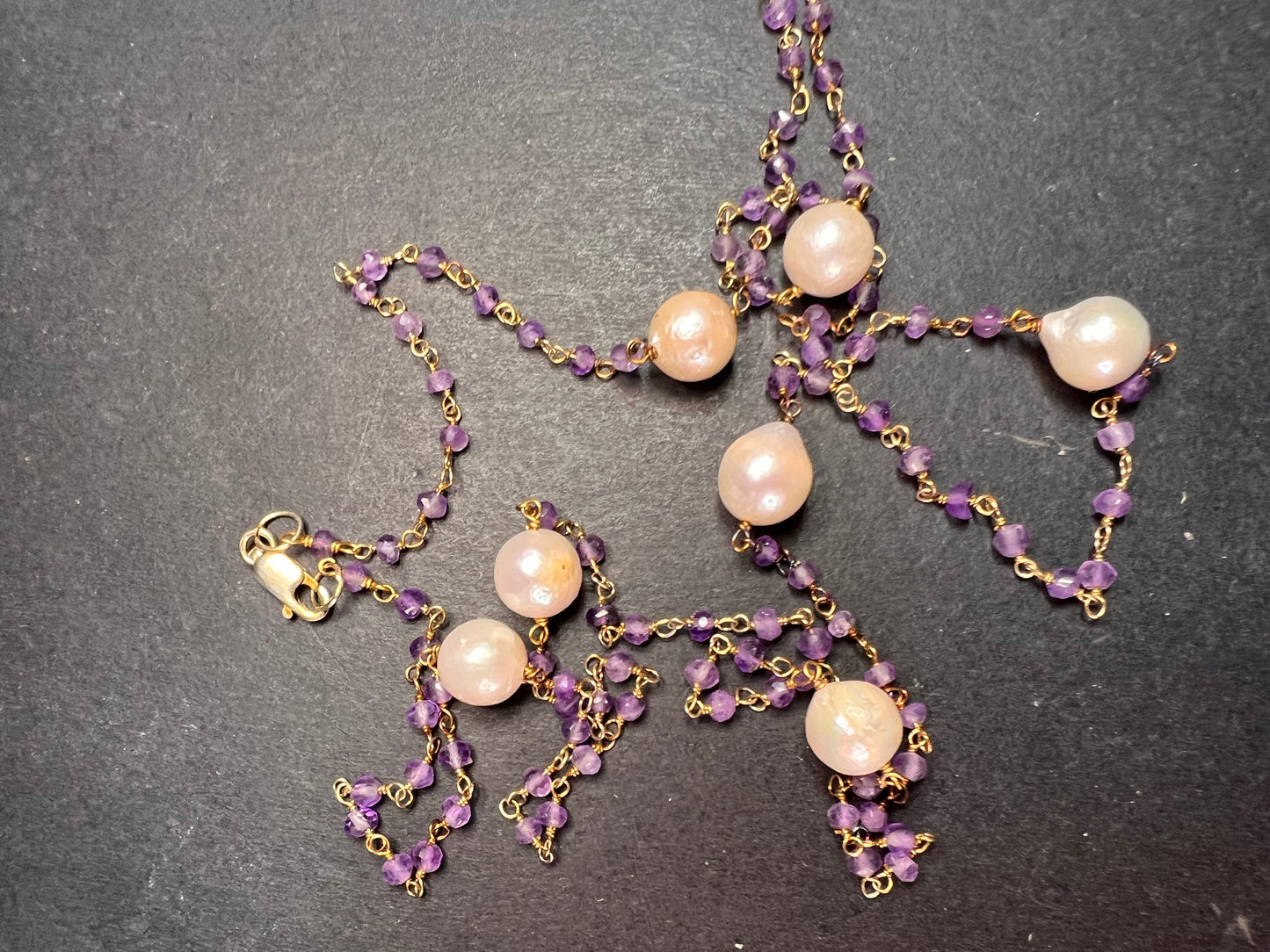 Amethyst and pearl 30 inch station necklace in sterling silver