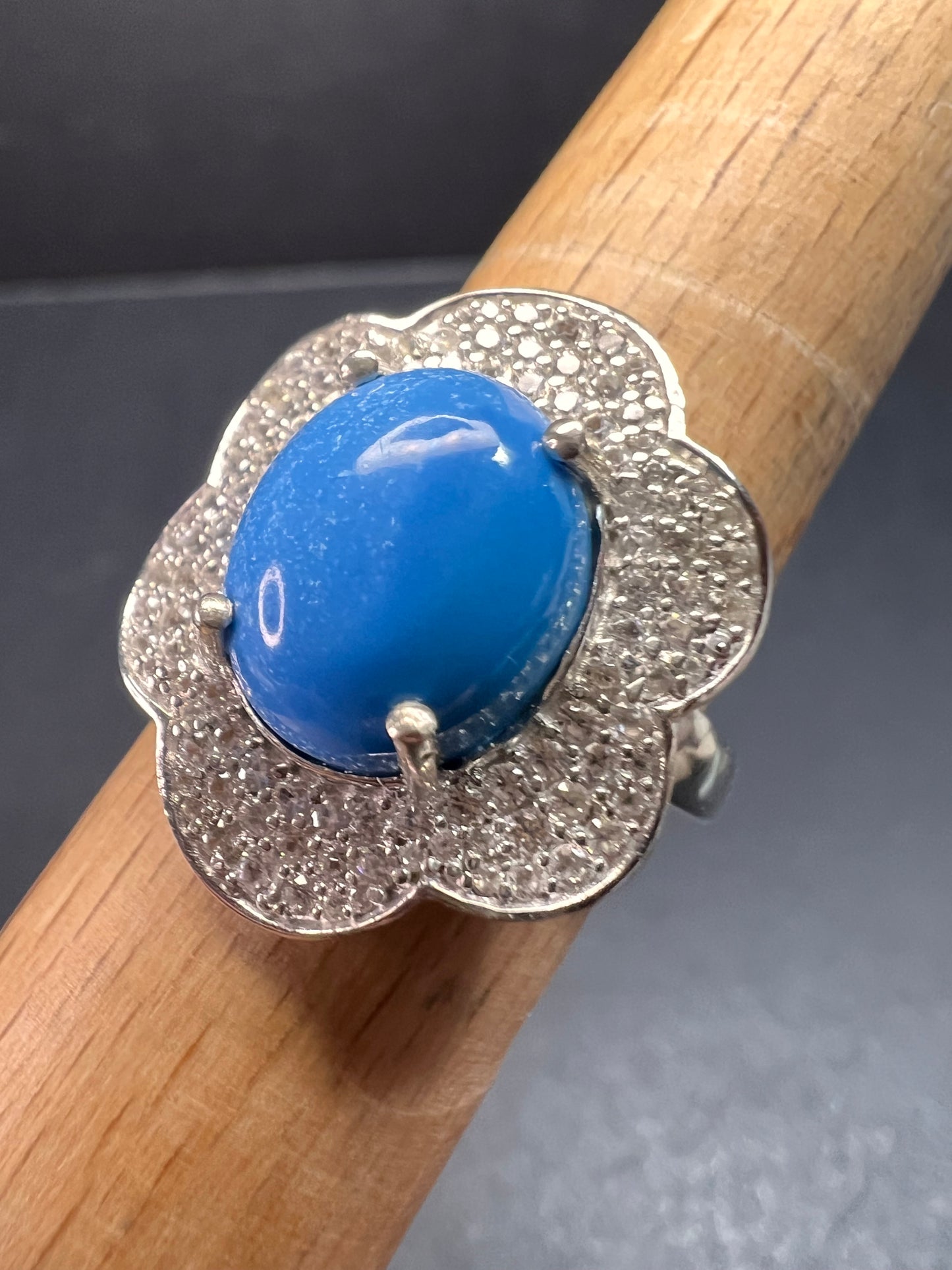 NEW Ceruleite and zircon blossom ring in rhodium over sterling silver size 8