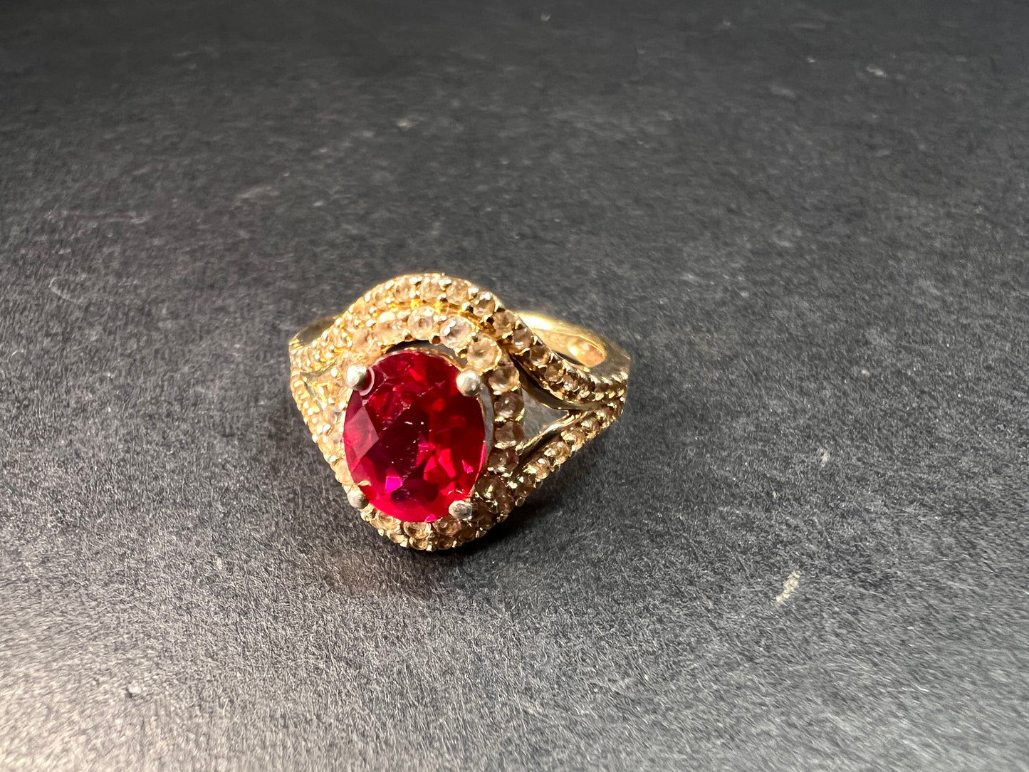 Lab Ruby and topaz halo ring in gold over sterling silver size 7