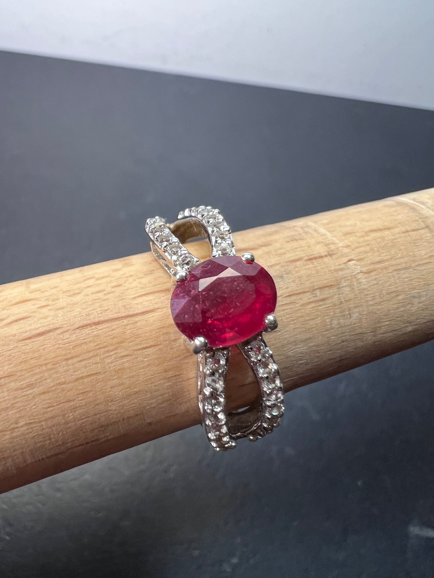 Ruby and zircon crisscross sterling silver ring size 9