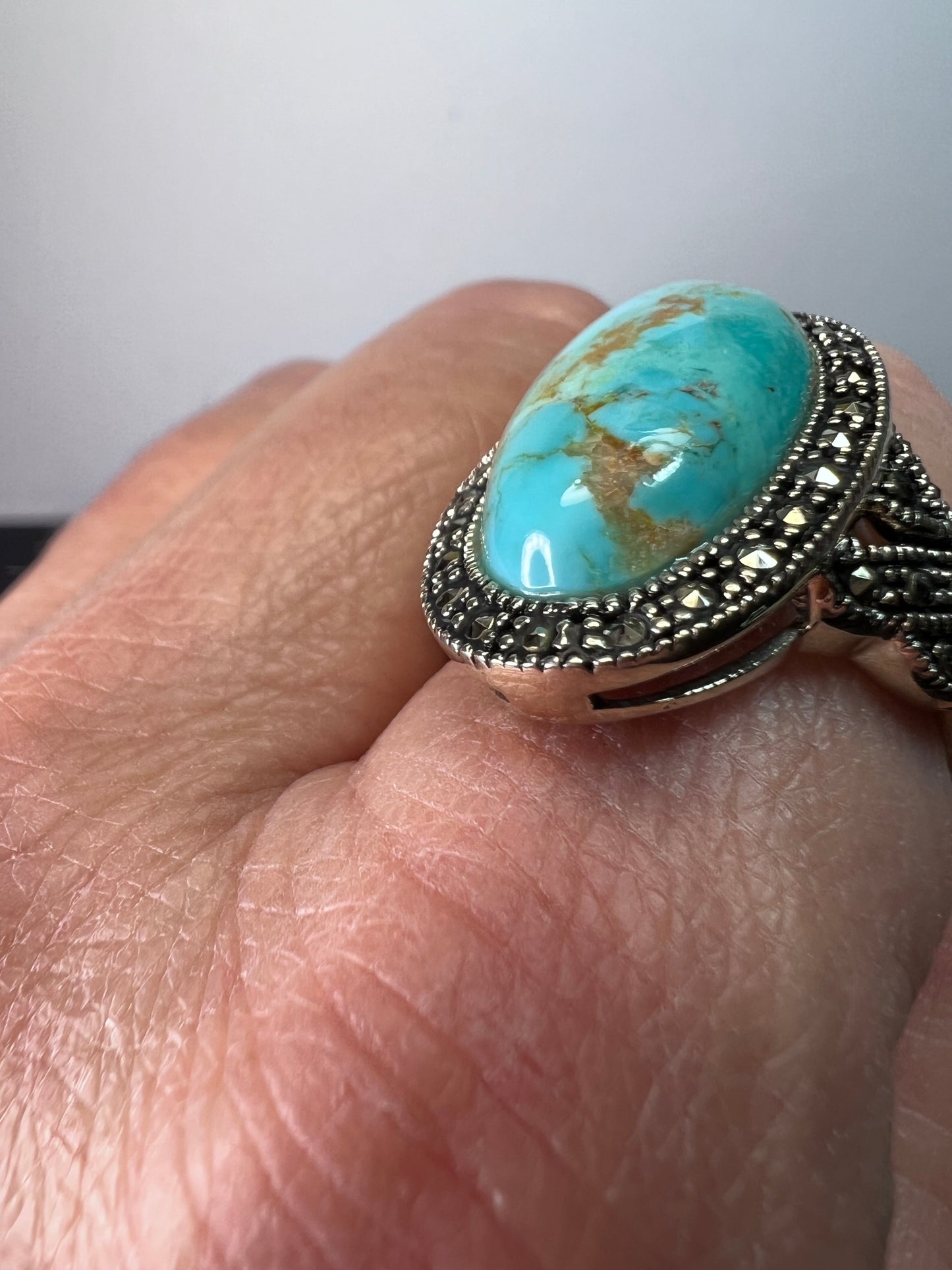 Turquoise composite sterling silver and marcasite ring size 9