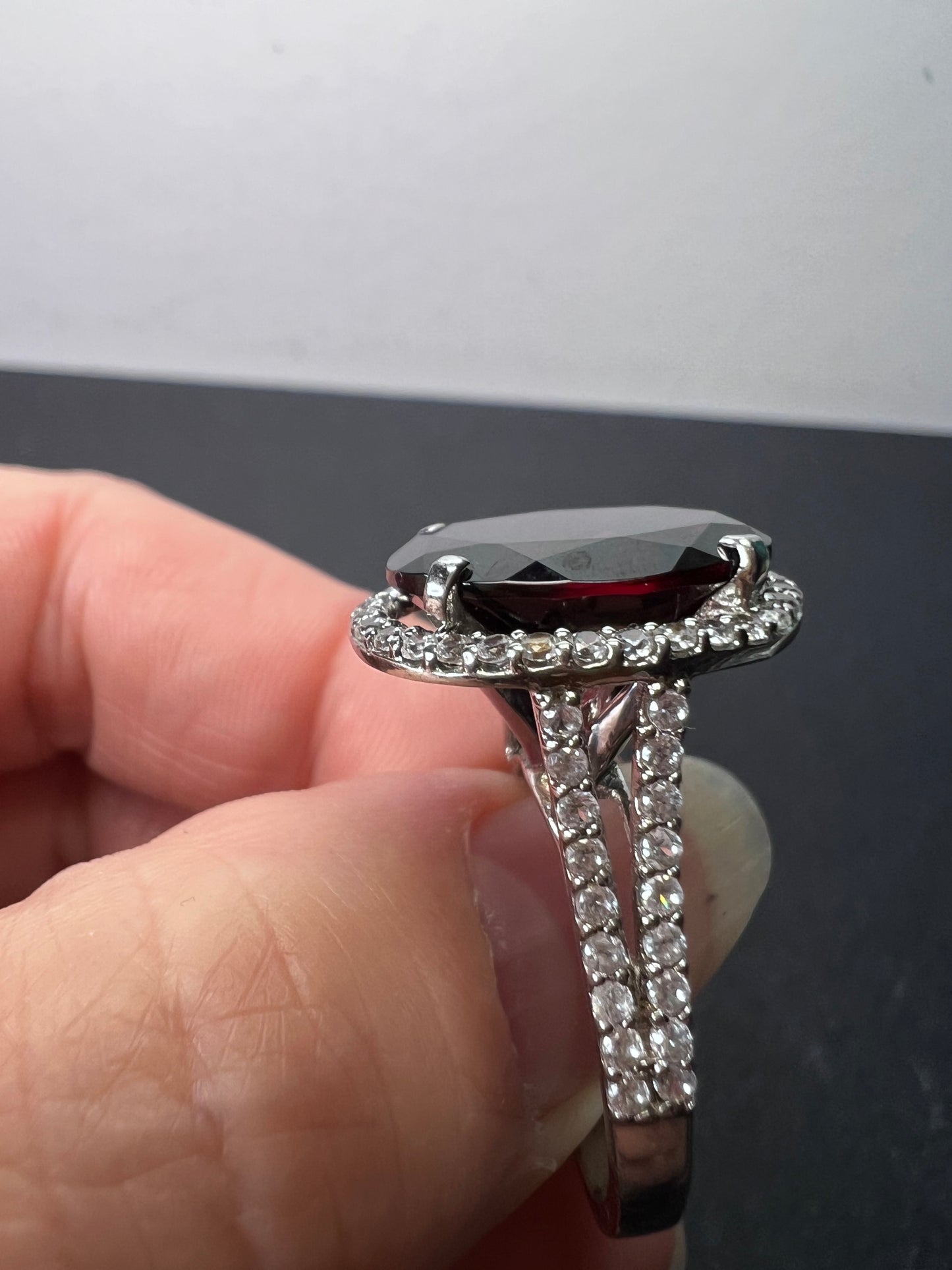 Garnet and zircon sterling silver halo ring size 9