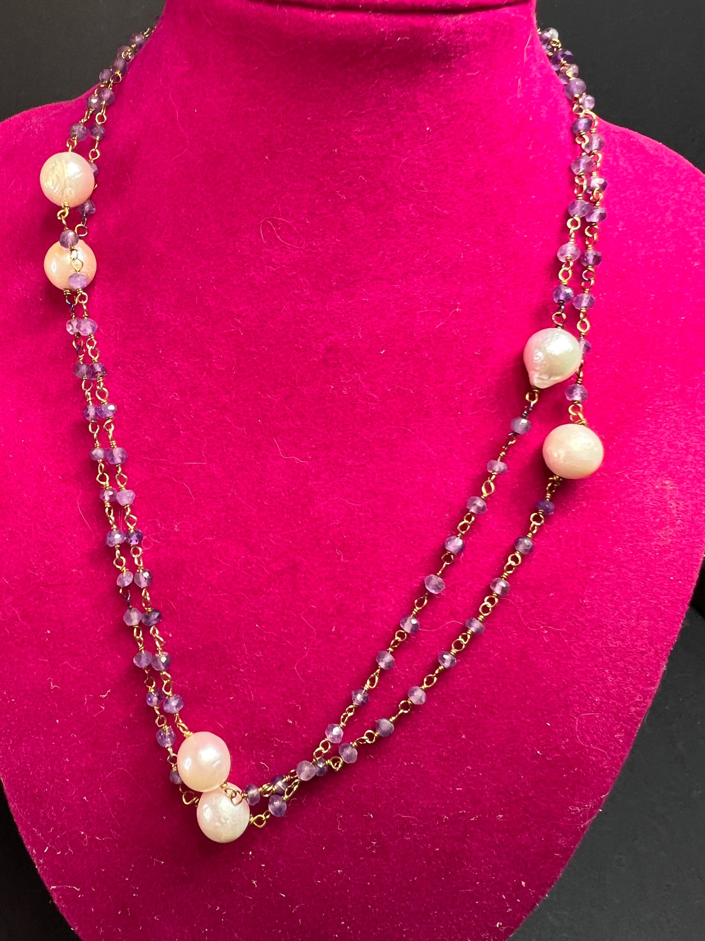 Amethyst and pearl 30 inch station necklace in sterling silver
