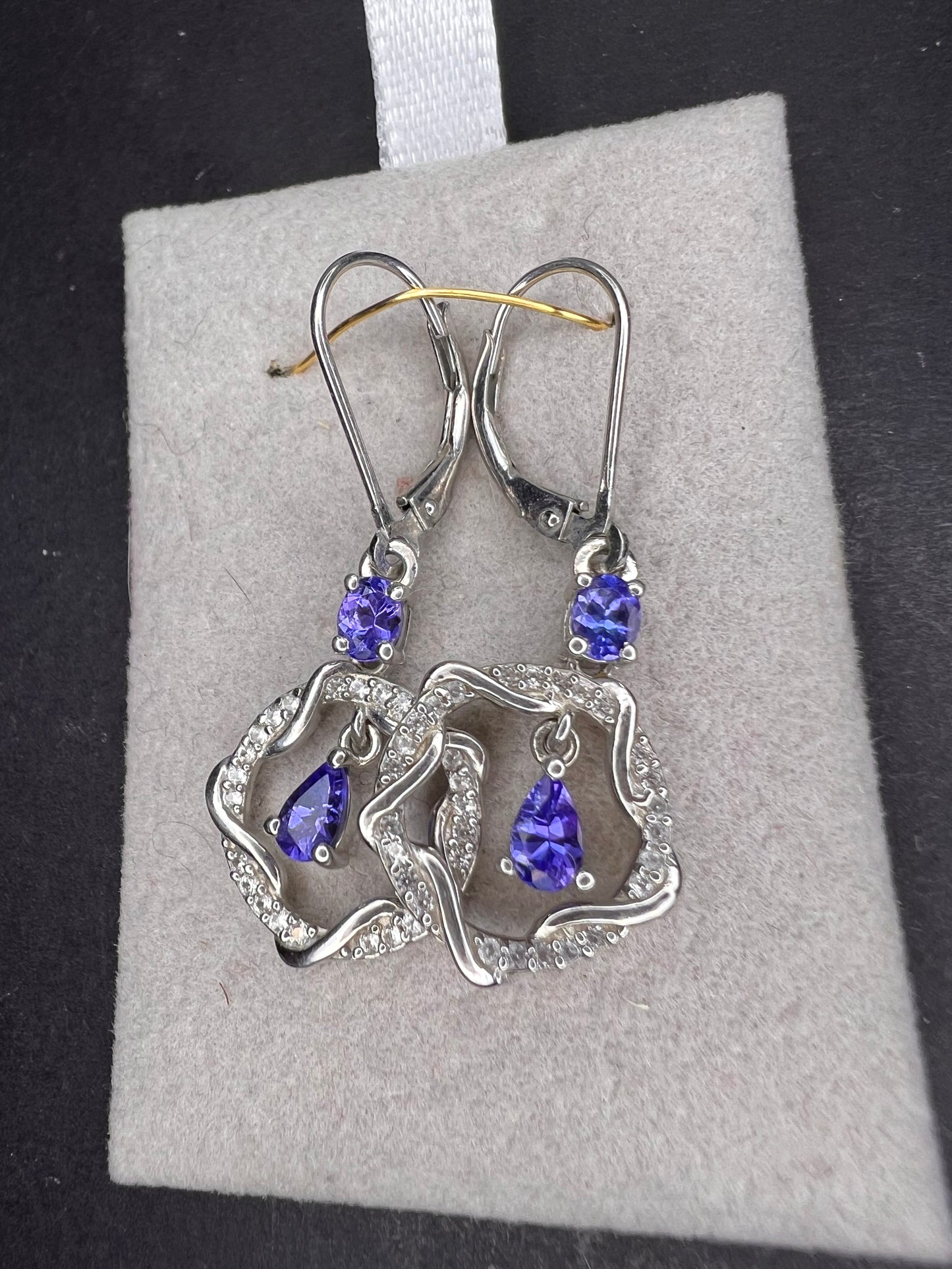 Tanzanite and diamond sterling silver drop earrings