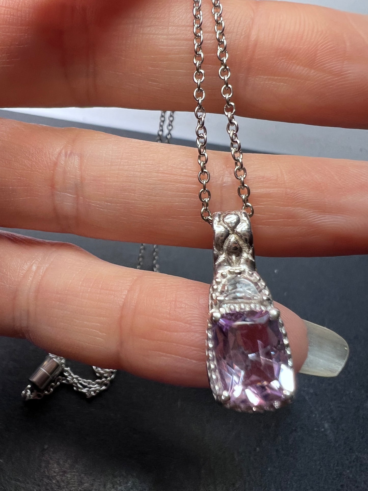 Rose de France amethyst and white topaz sterling silver pendant with stainless steel chain