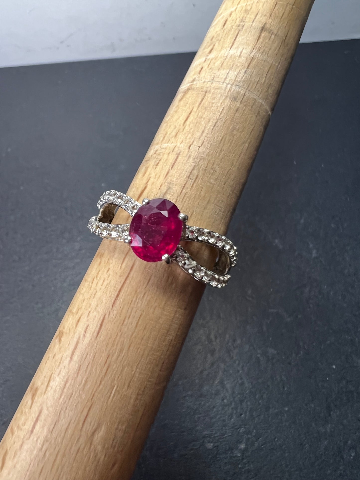 Ruby and zircon crisscross sterling silver ring size 9