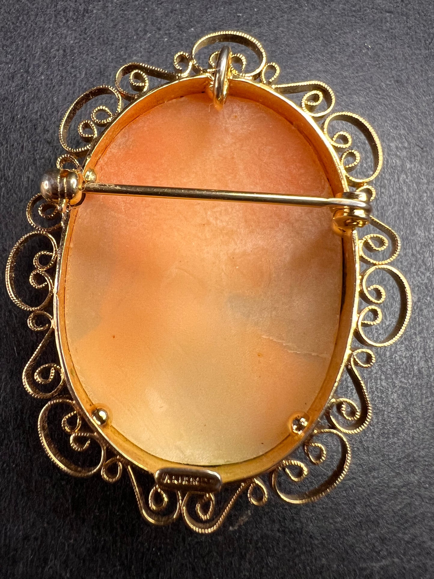 Vintage 1960s Hand Carved Shell Cameo Brooch Pendant – 12K Gold Filled Filigree Frame – 2” x 1.5”