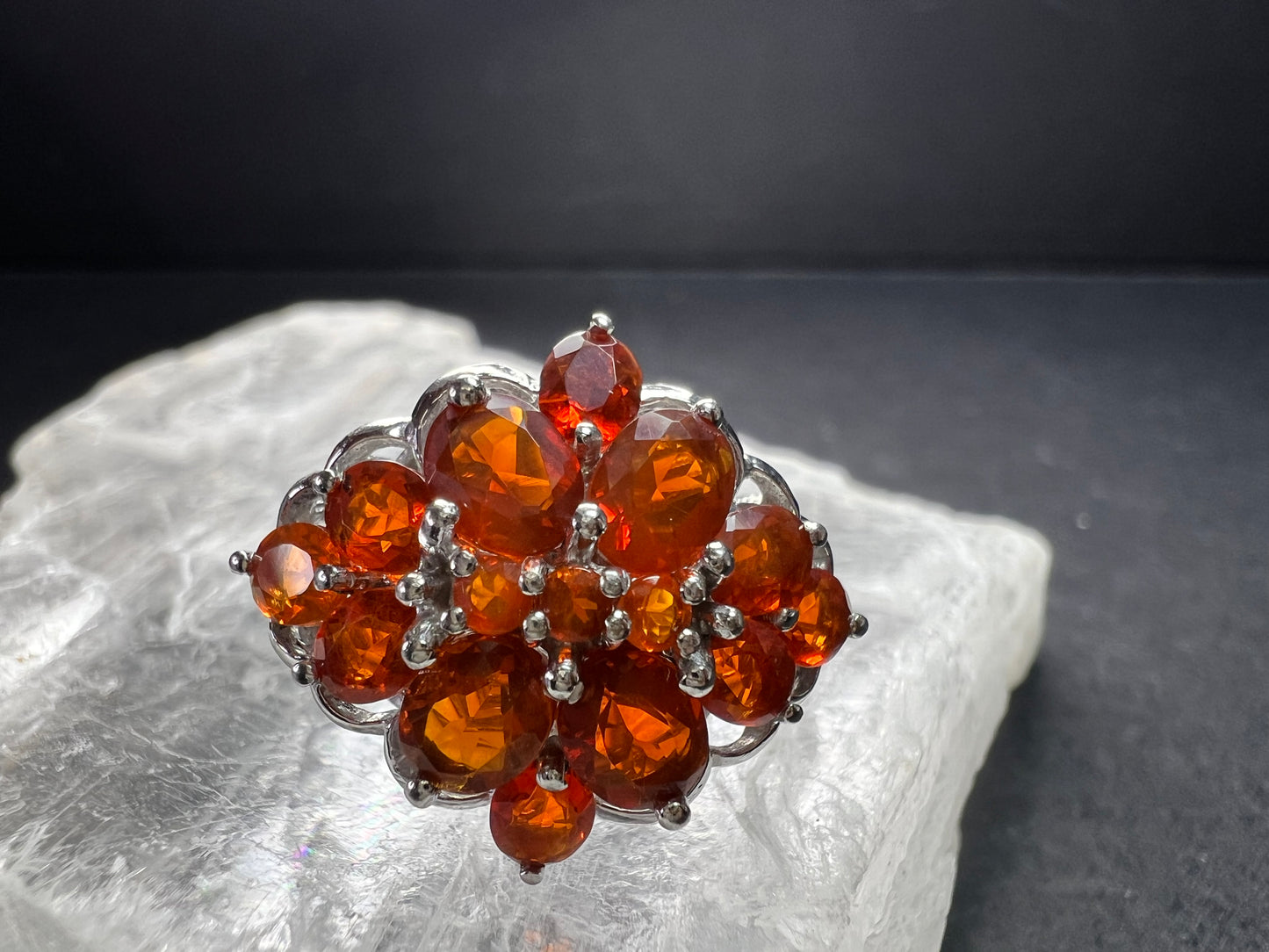 Vintage Sterling Silver Mexican Fire Opal Floral Cluster Ring Sz 9