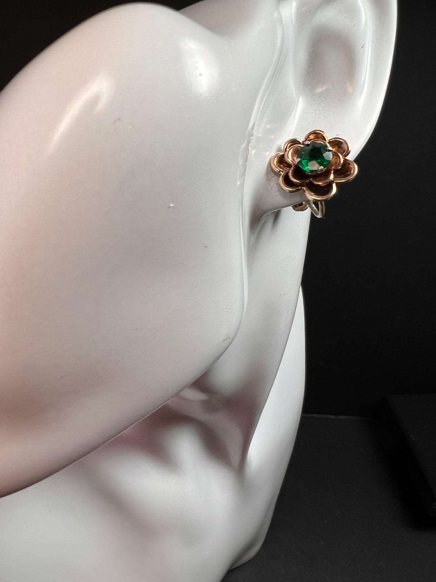 Vintage 1940s Vermeil Flower Screw Back Green Paste Earrings