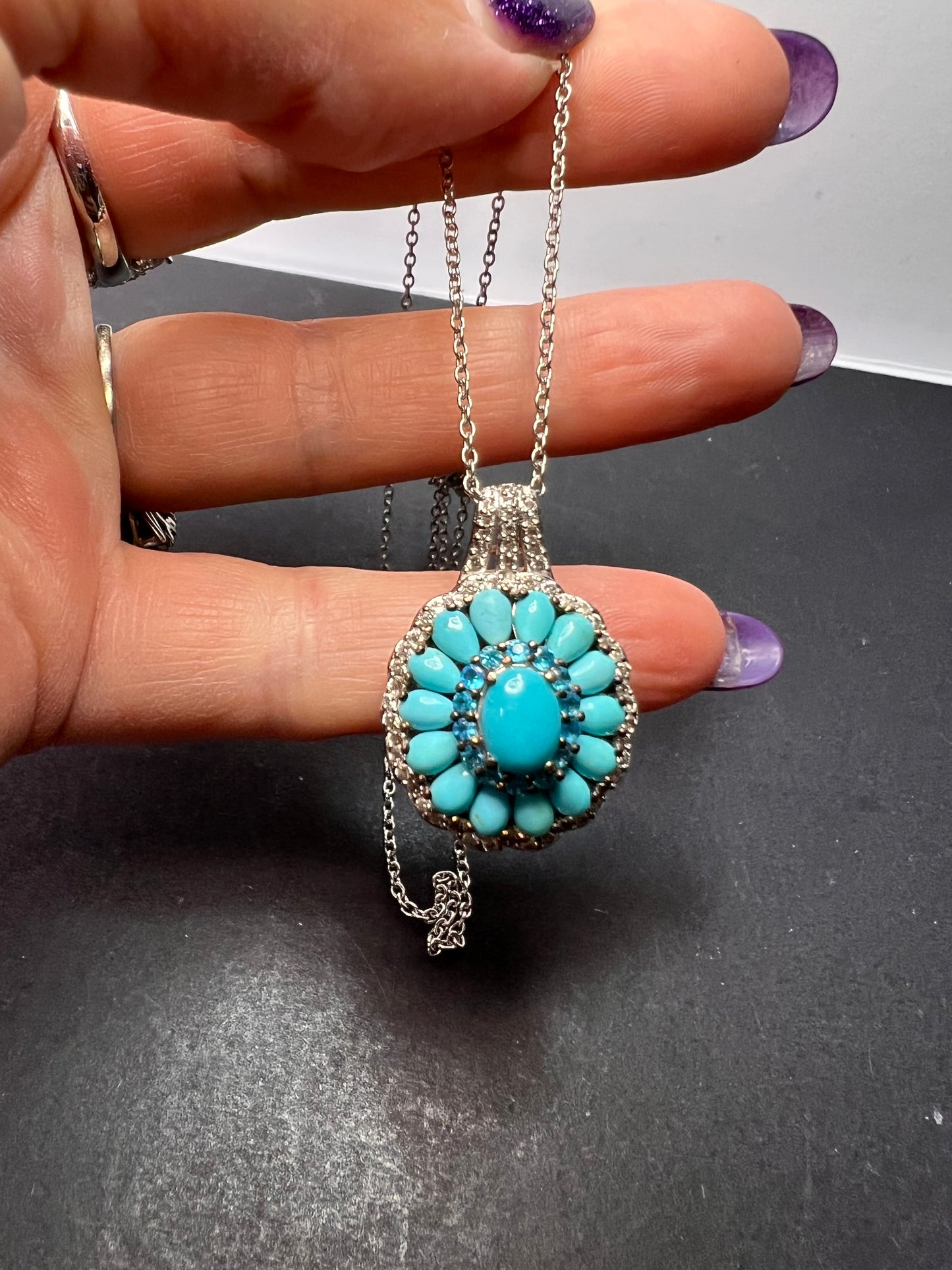 Turquoise and neon blue apatite halo sterling silver necklace with chain