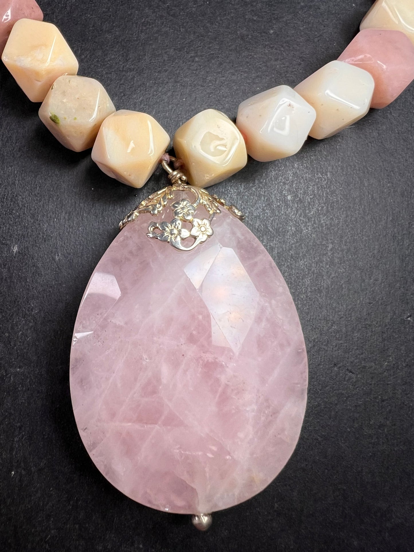 NEW pink opal and rose quartz Sterling silver necklace