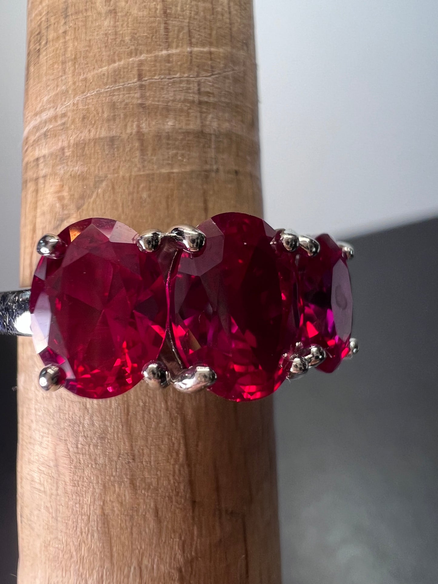 Lab created ruby and silver triple stone ring size 8