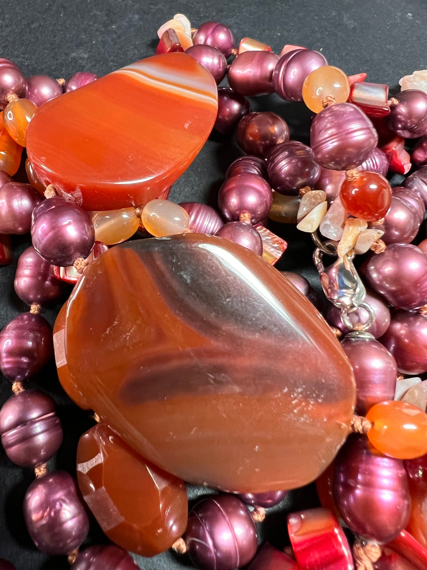 NEW carnelian and freshwater pearl multi strand necklace with sterling silver clasp