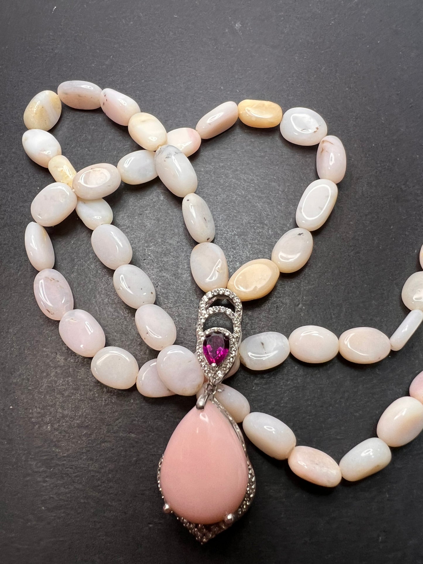 Peruvian pink opal and raspberry rhodolite garnet sterling silver necklace