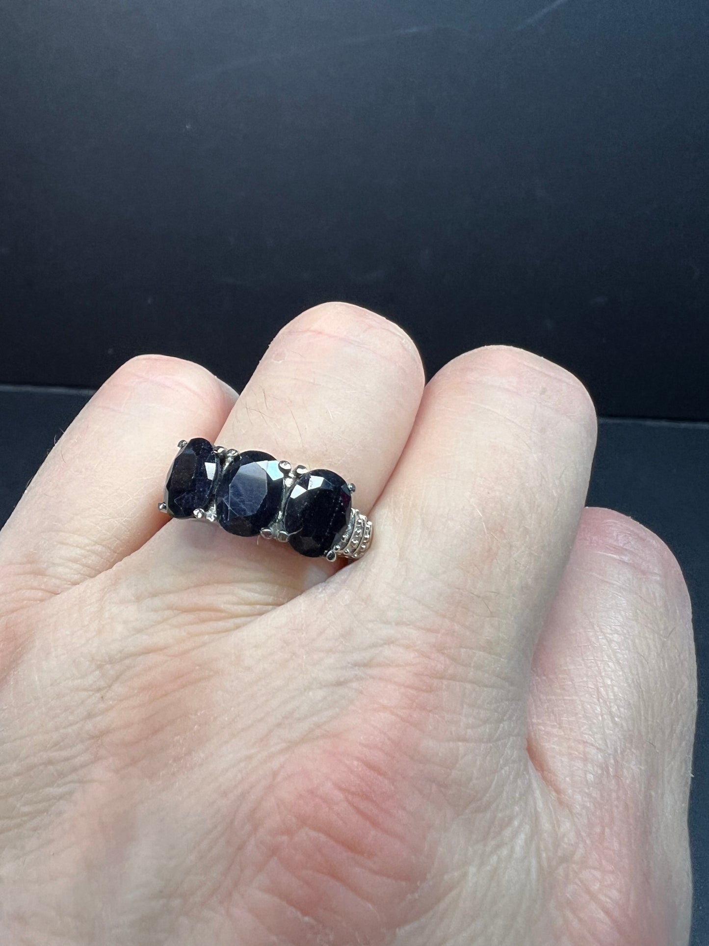 NEW midnight sapphire three stone ring in stainless steel size 7