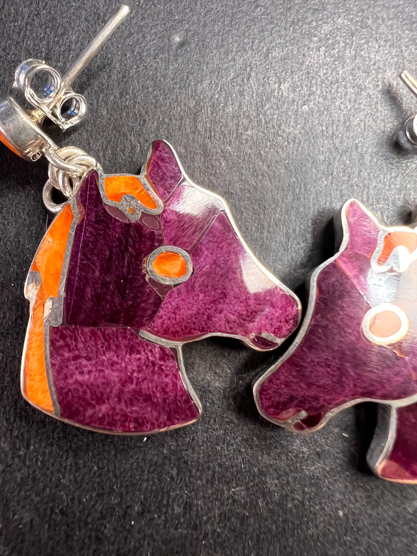 NEW Peruvian spiny oyster sterling silver horse head earrings