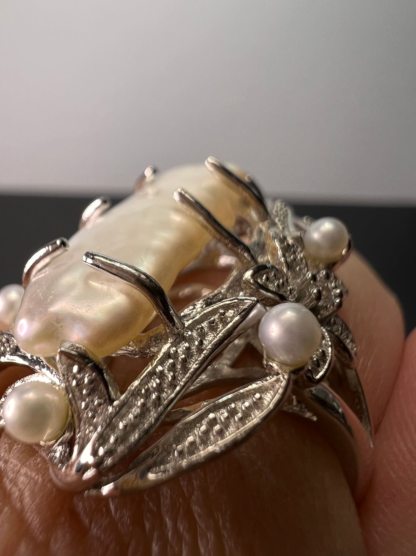 Biwa cultured pearl sterling silver ring size 9