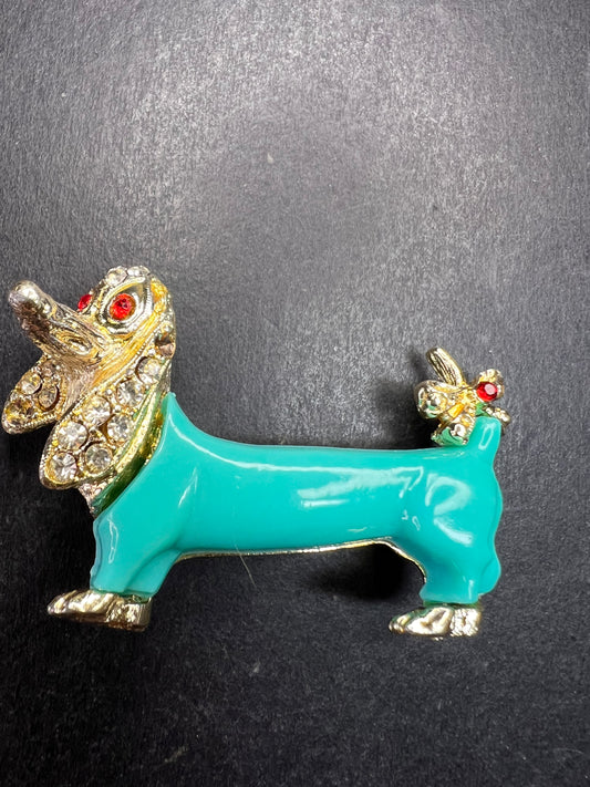 Vintage Gold Tone Dachshund Brooch Turquoise Lucite Rhinestones