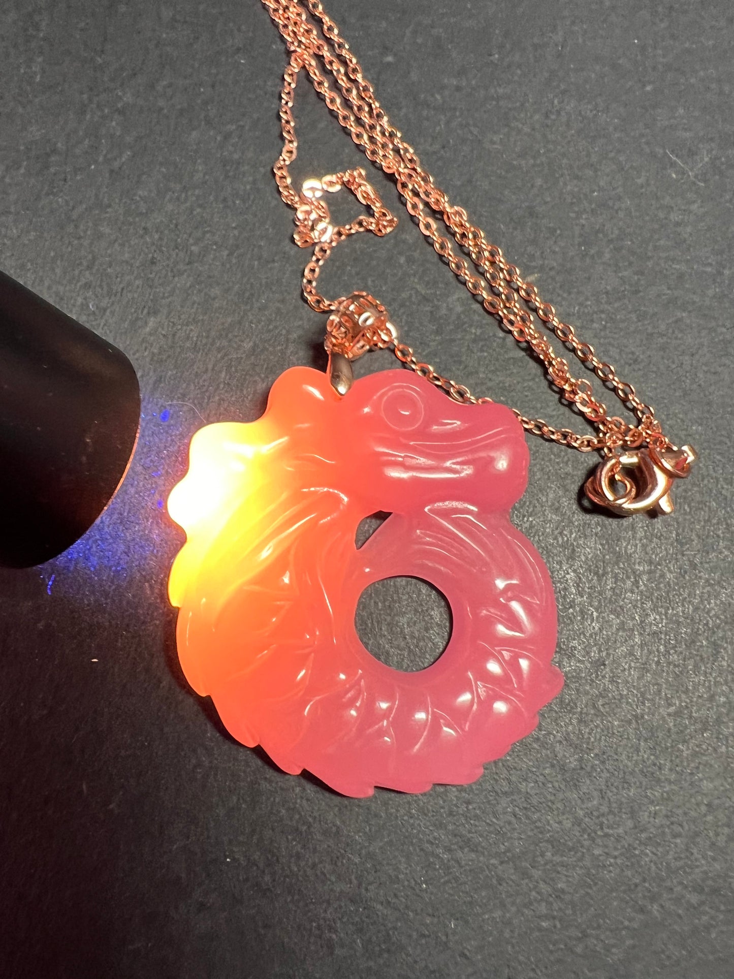 NEW Pink jade dragon pendant and 20 inch chain in rose gold over sterling silver