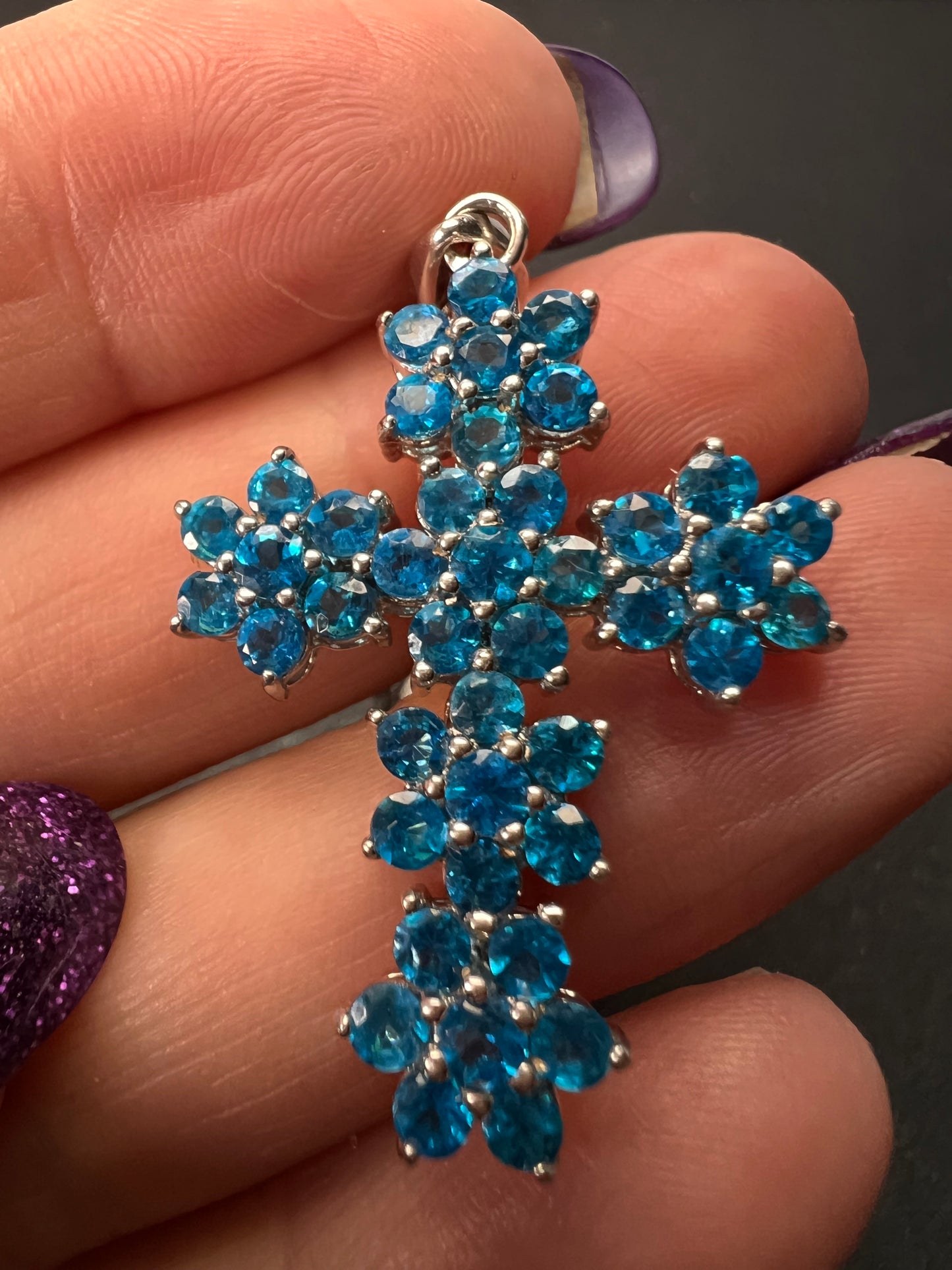 Blue Apatite Rhodium Over Sterling Silver Cross Pendant With Chain 3.25ctw