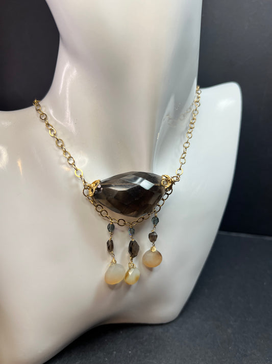 Gold Filled Smoky Quartz & Faceted Agate Drop Necklace 16–18”