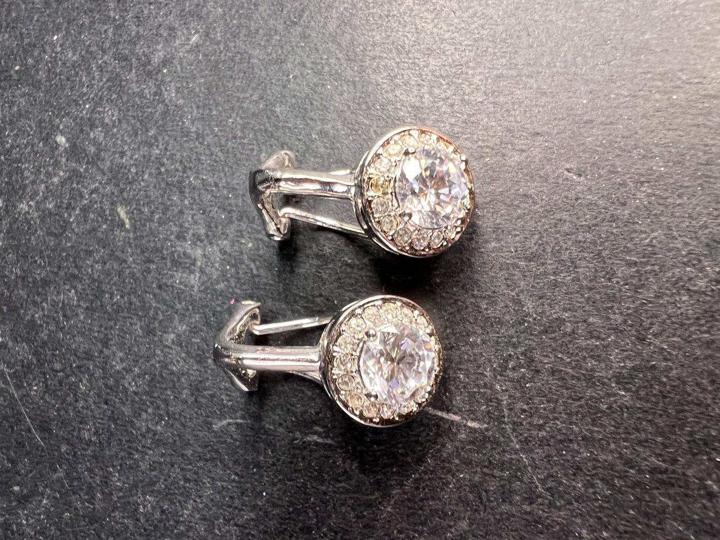 Silver Plated 6mm CZ Halo Omega Back Earrings Sparkly Round Studs