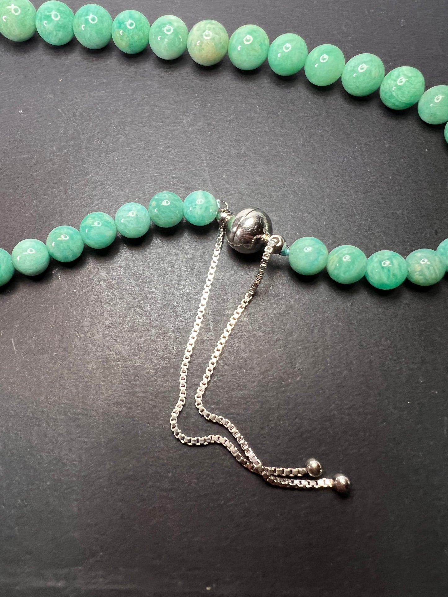 Amazonite beaded bolo necklace with sterling clasp and slide adjustments