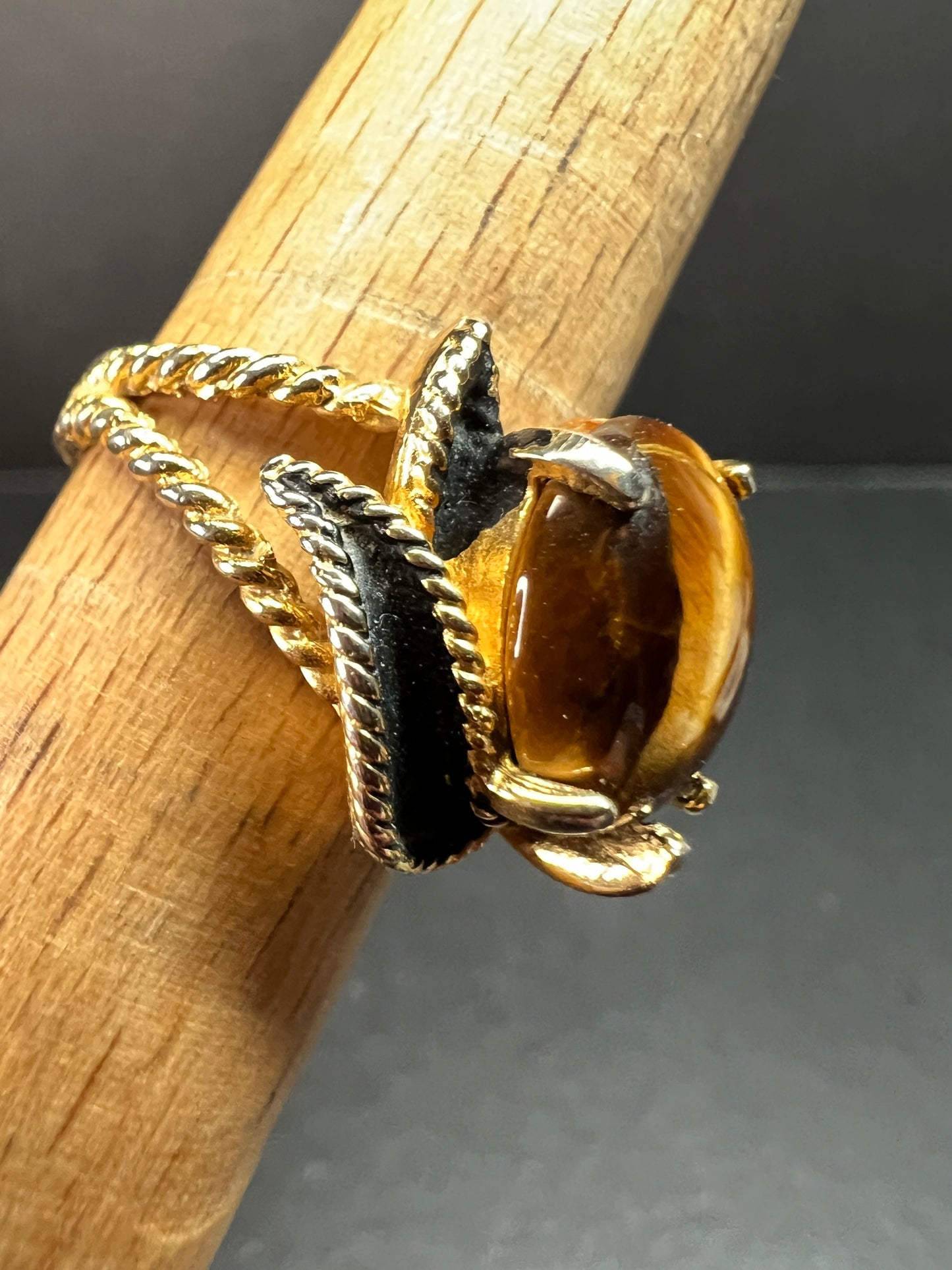 Vintage Espo Tiger’s Eye Ring Size 7.5 18K HGF Gold Filled Statement