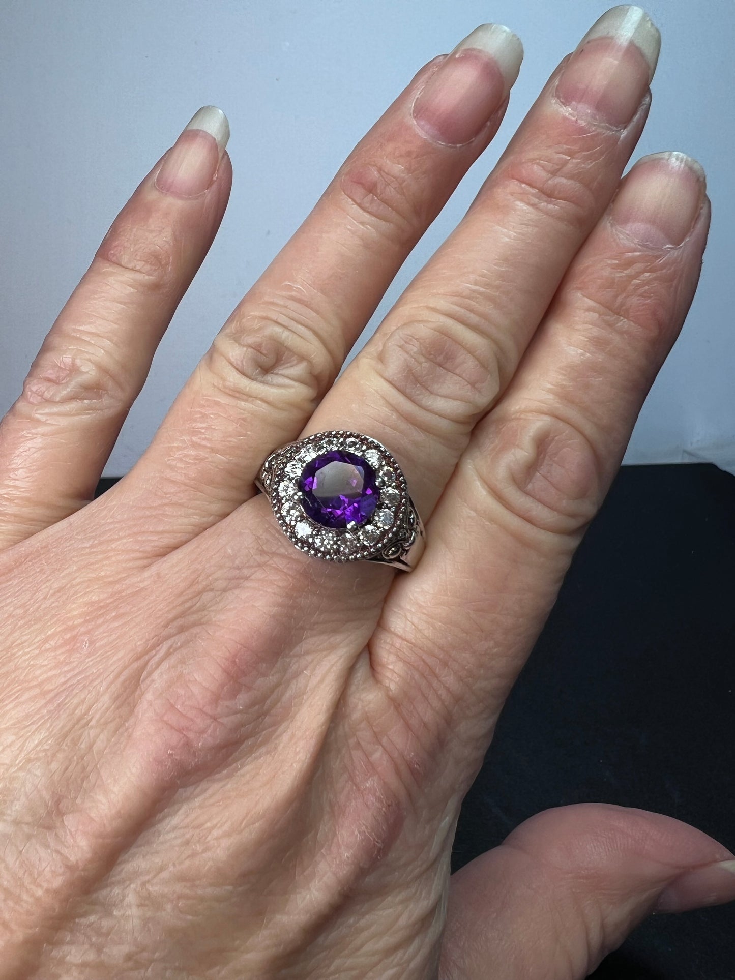 Amethyst and white spinel sterling silver halo ring size 9