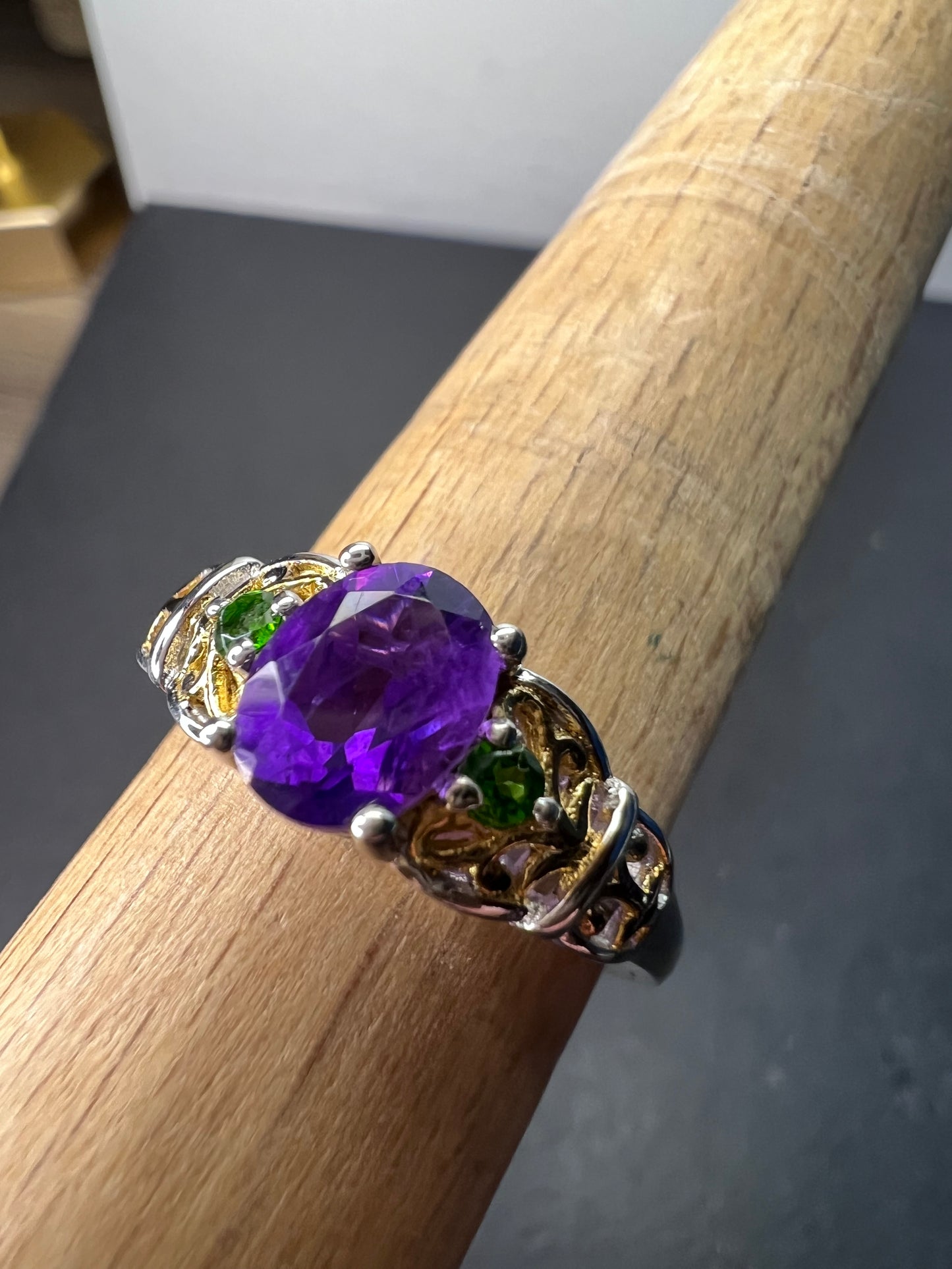 Amethyst and chrome diopside two toned sterling silver ring size 9