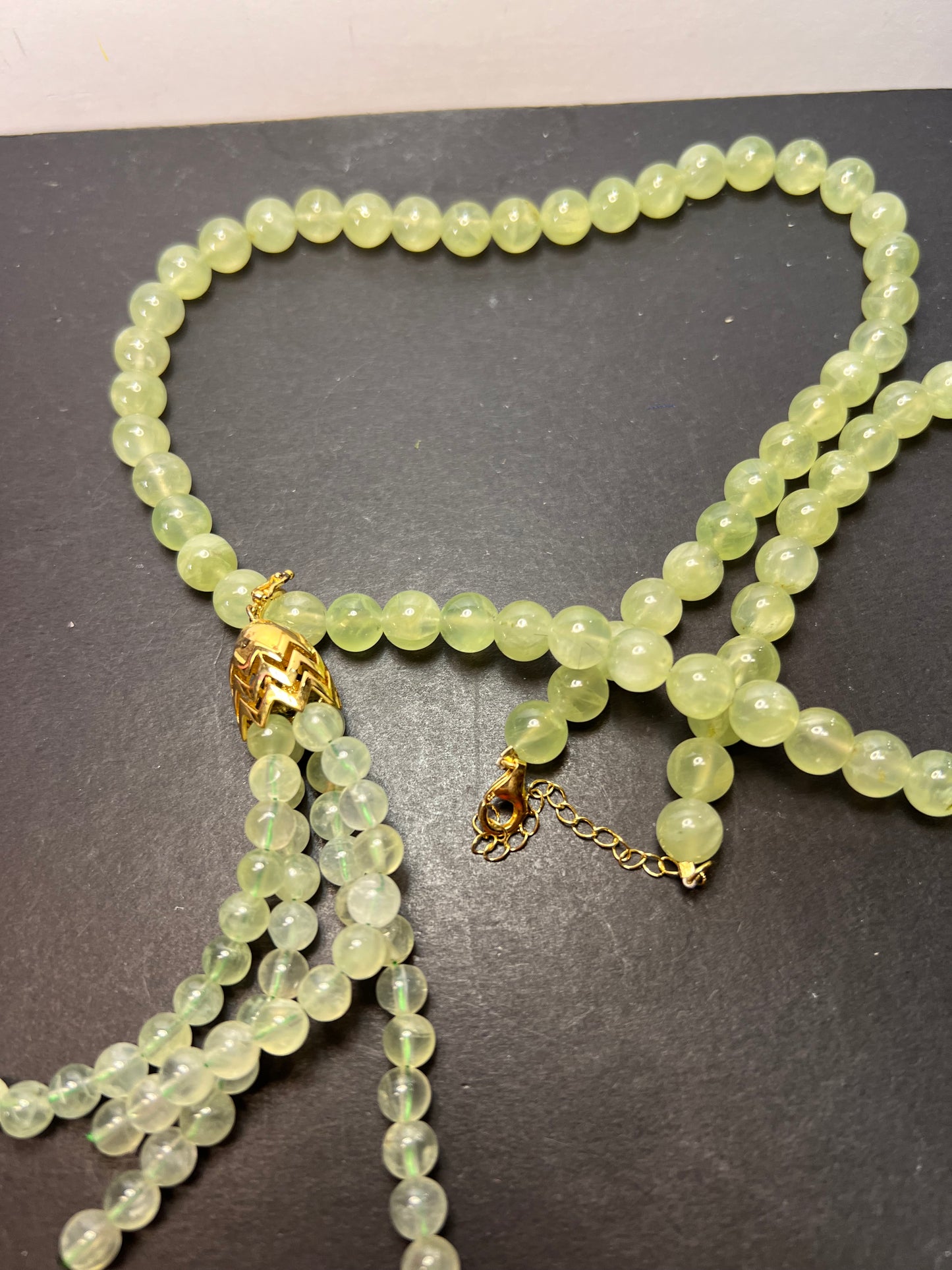 Prehnite beaded 24 inch necklace with removable tassel pendant and gold over sterling silver lobster clasp and extender