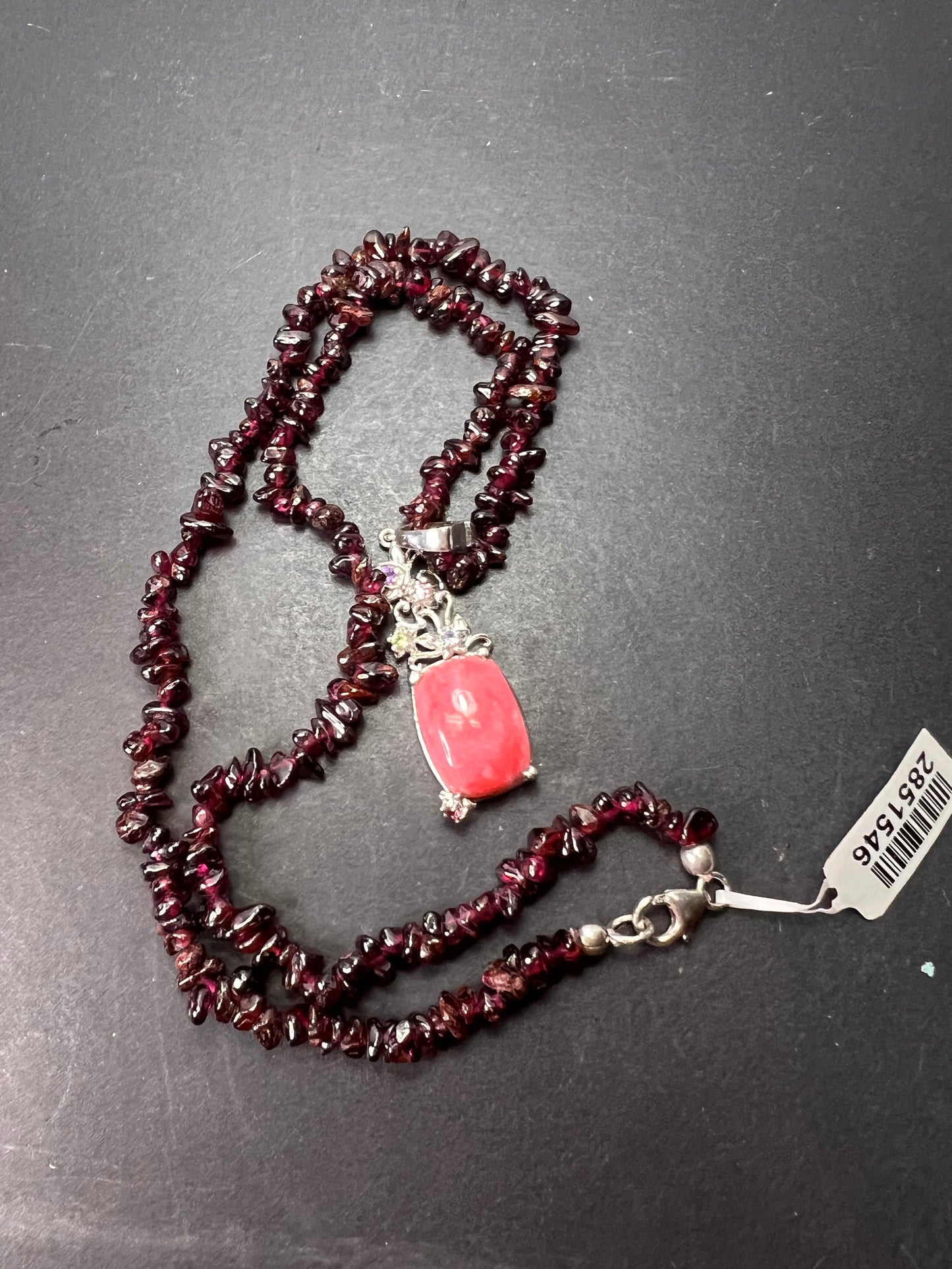 Norwegian Thulite and garnet chip necklace with sterling silver pendant and clasp