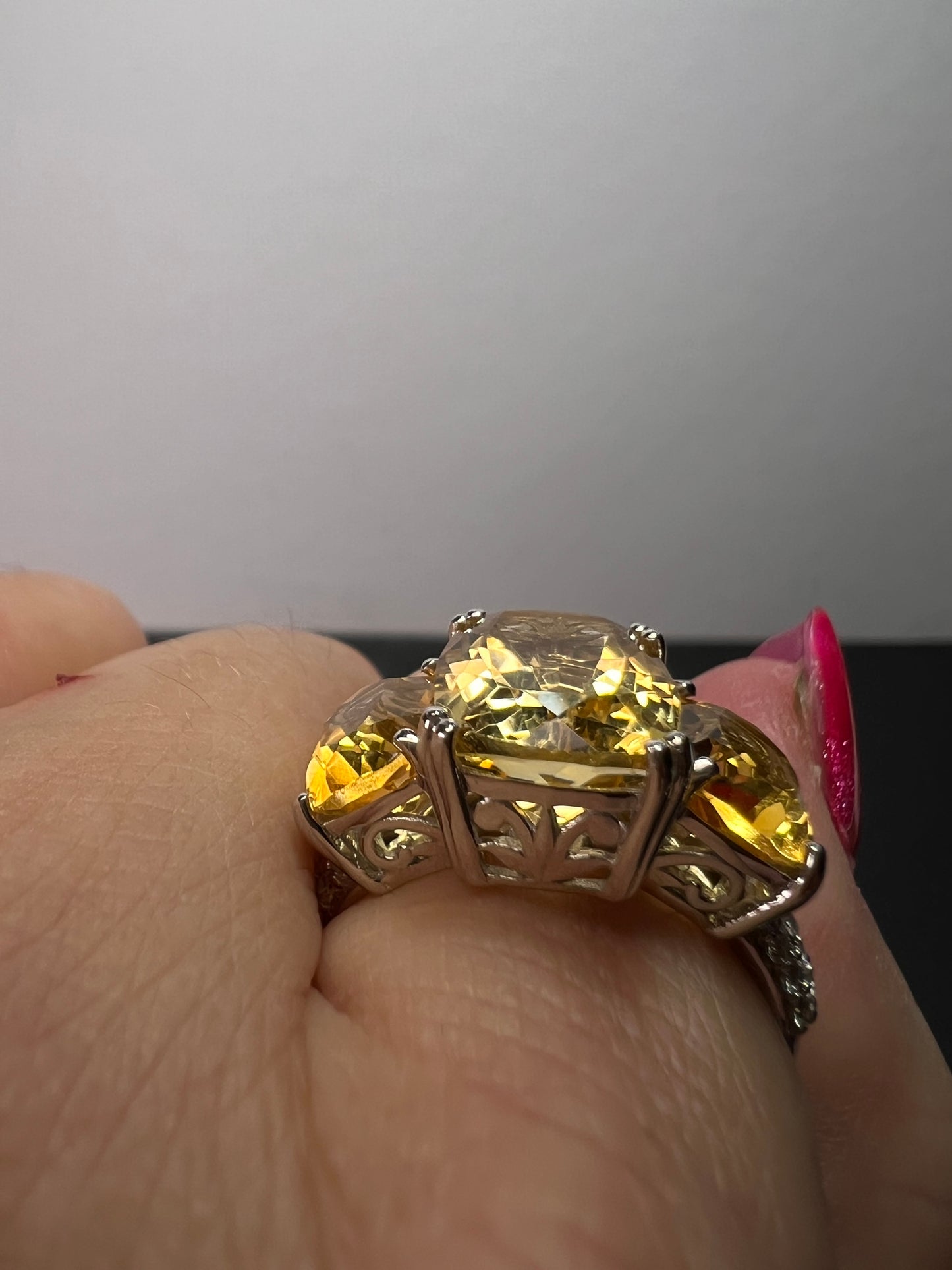 Brand new Brazilian citrine and white zircon 10.20 trilogy ring in platinum over sterling silver size 9