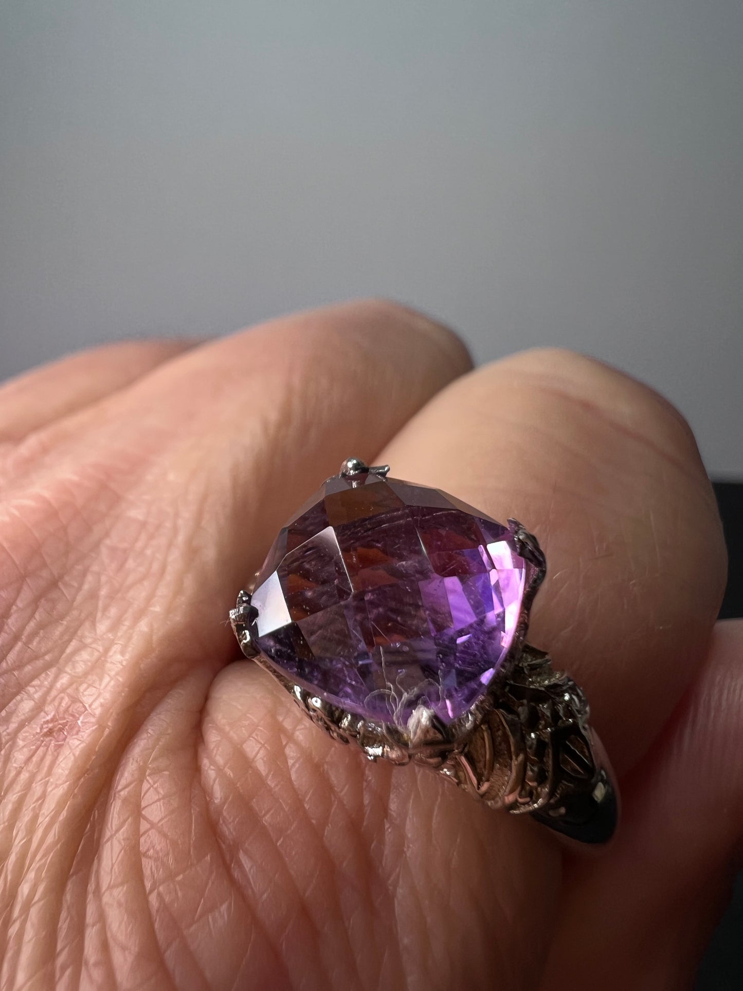 Amethyst cathedral crown setting sterling silver solitaire ring size 9