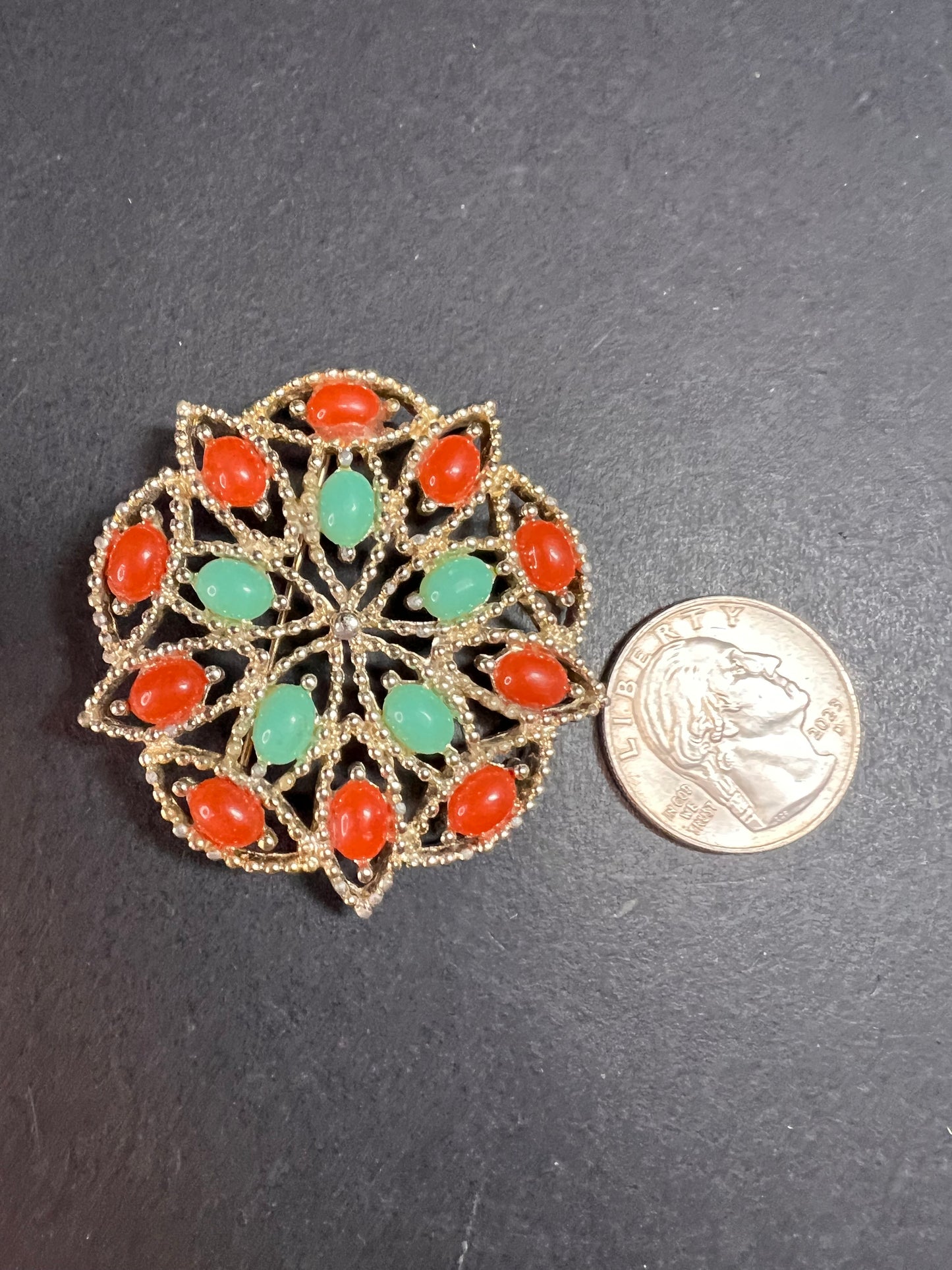 VTG Sarah Coventry Acapulco Red Green Sim Turquoise & Coral Brooch Pin