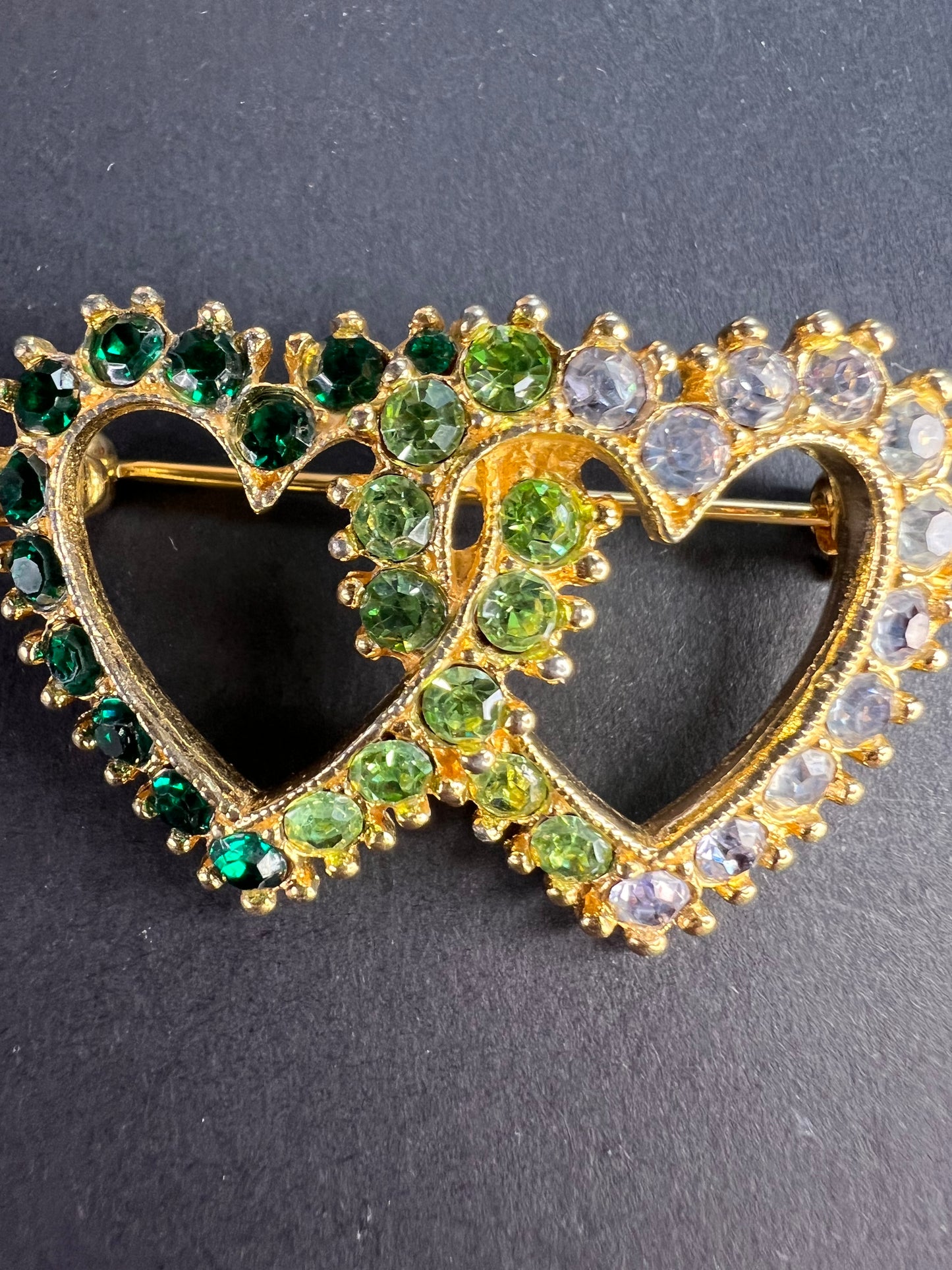 Vintage Gold Tone Double Heart Green Clear Rhinestone Brooch