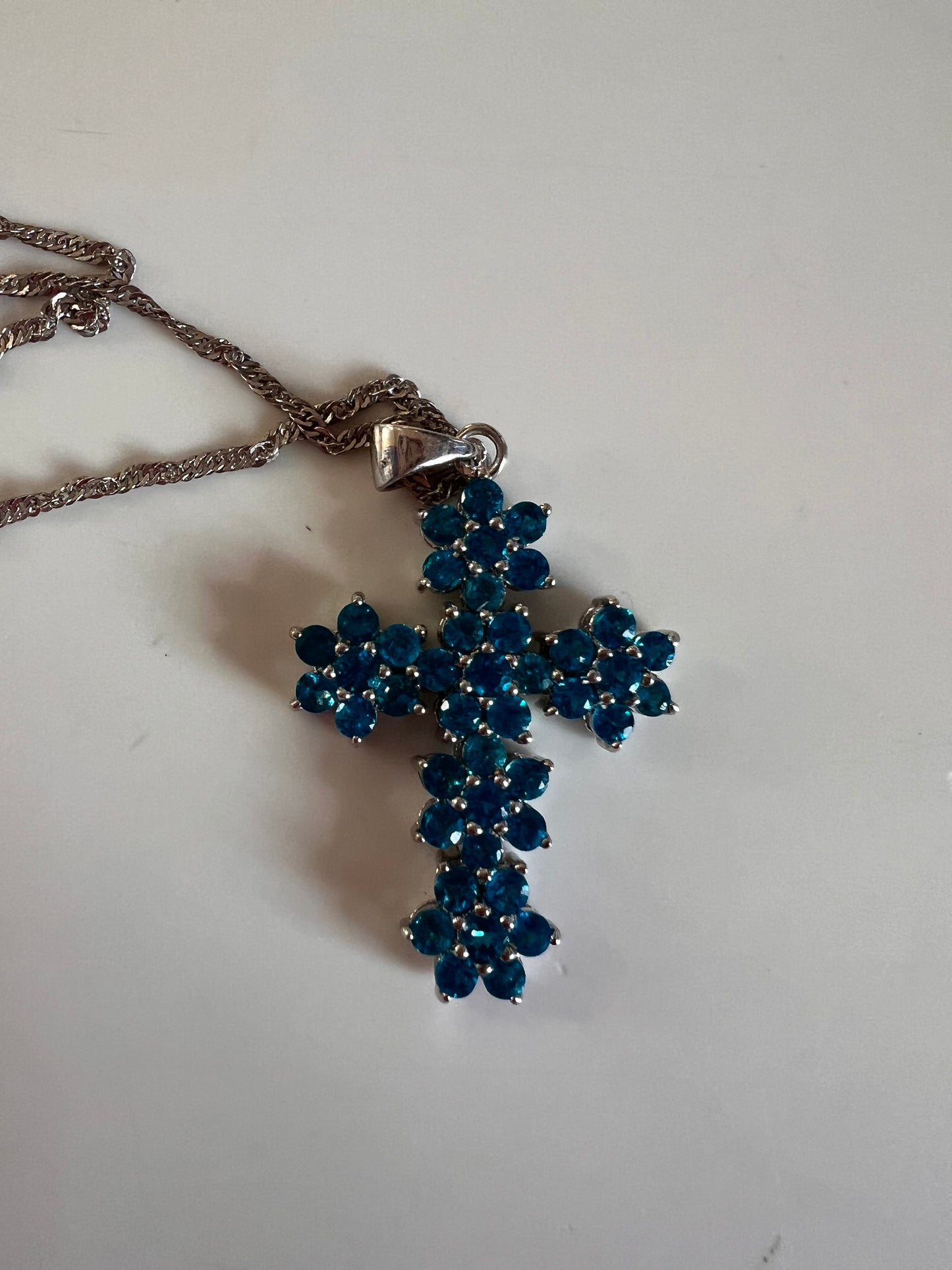 Blue Apatite Rhodium Over Sterling Silver Cross Pendant With Chain 3.25ctw