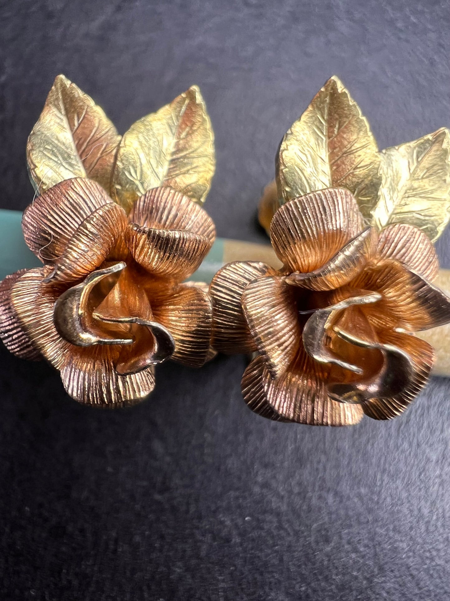 Vintage Krementz Rose and yellow gold tone Flower Leaf Screw Back Earrings