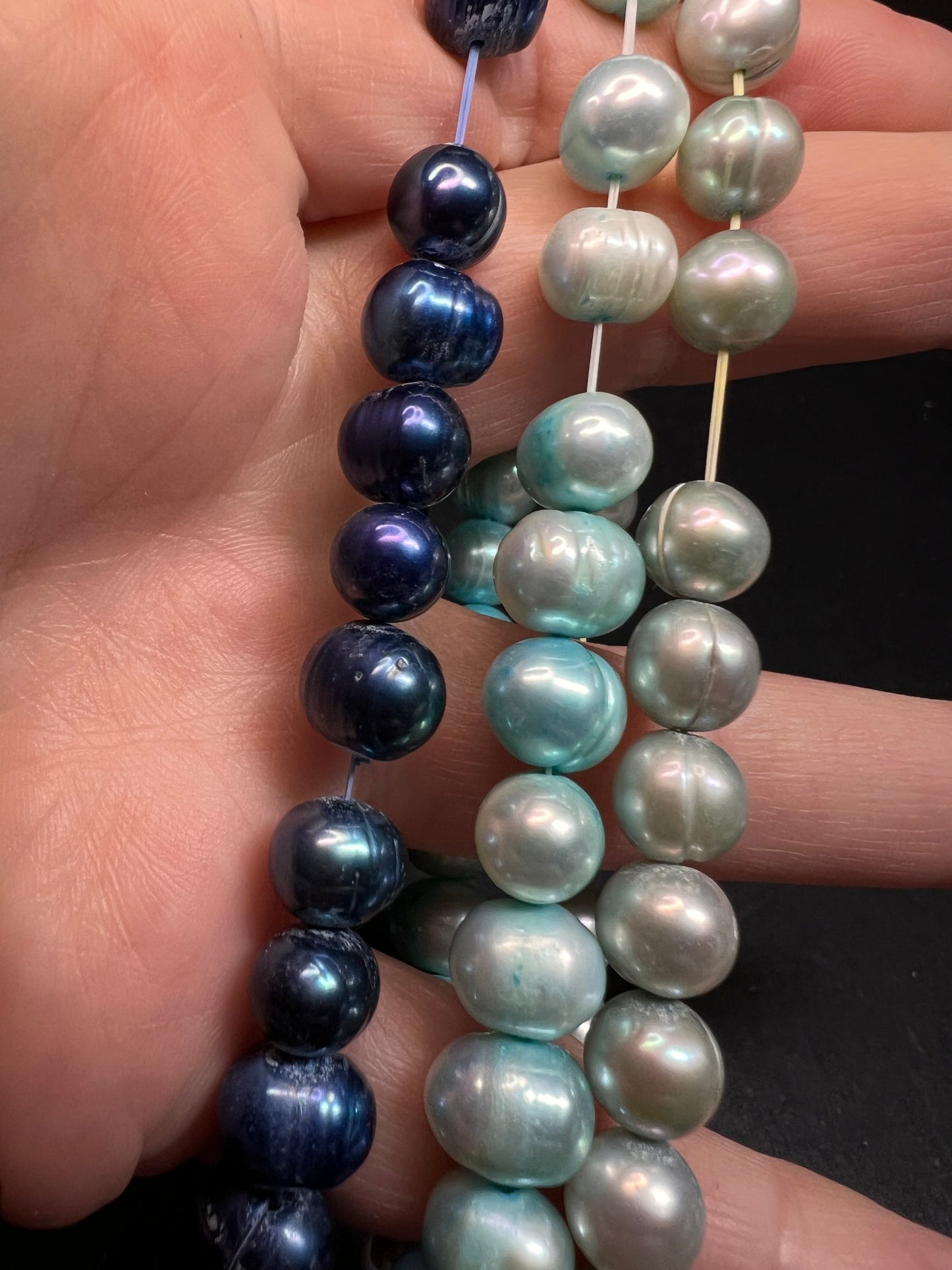 Set of three freshwater pearl shades of blue stretch bracelets